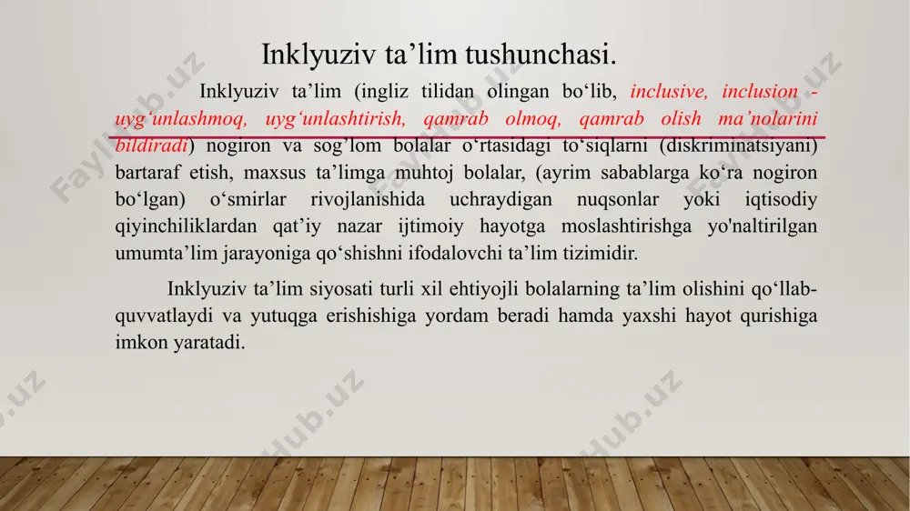malari bilan ataladi. integratsiyalashgan ta’lim bu - diqqat markazida bolaning aynan maktabga kelib-ketish muammosi turgan, maxsus ehtiyojli bolaning maktab ta’limiga qamrab olishdir. integratsiyalashgan ta’limda bolaga alohida yordamga nuhtoj shaxs sifatida qaraladi. ushbu ta’lim tizimining quyidagi shakllari mavjud: jismoniy integratsiya. integratsiyaning bu shakli nogiron va nogiron bolmagan bolalar o’rtasidagi jismoniy farqni kamaytirishga qaratilgan. oddiy maktab bilan yomna-yon joyda nogiron bolalar uchun maxsus bo‘lim yoki sinf tashkil qilish mumkin. funksional integratsiya. bu shakl nogiron va nogiron bo‘lmagan bolalar o'rtasidagi funksional muammolarni kamaytirishga qaratilgan. ijtimoiy integratsiya. integratsiyaning bu shakli ijtimoiy muammolarni kamaytirishga qaratilgan va u nogiron hamda nogiron bo‘lmagan bolalar o‘rtasidagi o‘zaro aloqani qo‘llab-quvvatlavdi. 3. inkyuziv ta’limning maqsad va vazifalari. inklyuziv ta’lim tizimida quyidagi maqsad va vazifalami hal etish talab etiladi: talim muassasasida imkoniyati cheklangan bolalar va o‘smirlarning bilim olishlari uchun zaruriy psixologik-pedagogik, korrektsion sharoitlami yaratish, ularning imkoniyatiga yo‘naltirilgan umumta’iim dasturlari va korrektsion ishlarni amalga oshirish orqali ruhiy va ijtimoiy moslashtirishni amalga oshirish; …