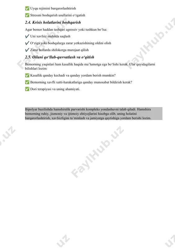 untirish ✔️ dori vositalarining nojo‘ya ta’sirlarini kuzatish ✔️ bemorga dorilarni unutmaslik uchun maxsus tizim yaratish 2.3. xulq-atvor va kundalik hayot tartibini normallashtirish bemor hayotining sifatini yaxshilash uchun quyidagi tadbirlar muhimdir: ✅ to‘g‘ri ovqatlanish va jismoniy faollik ✅ uyqu rejimini barqarorlashtirish ✅ stressni boshqarish usullarini o‘rgatish 2.4. krisis holatlarini boshqarish agar bemor haddan tashqari agressiv yoki tushkun bo‘lsa: ✔️ uni xavfsiz muhitda saqlash ✔️ o‘ziga yoki boshqalarga zarar yetkazishining oldini olish ✔️ zarur hollarda shifokorga murojaat qilish 2.5. oilani qo‘llab-quvvatlash va o‘qitish bemorning yaqinlari ham kasallik haqida ma’lumotga ega bo‘lishi kerak. ular quyidagilarni bilishlari lozim: ✅ kasallik qanday kechadi va qanday yordam berish mumkin? ✅ bemorning xavfli xatti-harakatlariga qanday munosabat bildirish kerak? ✅ dori terapiyasi va uning ahamiyati. bipolyar buzilishda hamshiralik parvarishi kompleks yondashuvni talab qiladi. hamshira bemorning ruhiy, jismoniy va ijtimoiy ehtiyojlarini hisobga olib, uning holatini barqarorlashtirish, xavfsizligini ta’minlash va jamiyatga qaytishiga yordam berishi lozim. manik - depressiv psixoz (bipolyar …