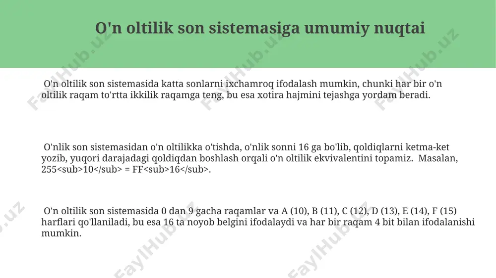 'nlik qiymat olinadi. son sistemasini o'zgartirishning asosiy tamoyillari yuqori tartibli son sistemalariga o'tishda (masalan, 16-lik sistemaga) har bir raqamni 16 ga bo'lish va qoldiqlarni yozib borish orqali amalga oshiriladi, natijada olingan butun qismlarni yana 16 ga bo'lish davom ettiriladi, bu jarayon 0 qoldiq qolguncha davom etadi. son sistemasini o'zgartirishda asosiy tamoyil - har bir raqamning o'nlik sistemasidagi ekvivalentini aniqlash va keyin uni yangi sistemadagi qiymatga o'tkazishdir. masalan, 1012 (ikkalik) sonini o'nlik sistemaga o'tkazish uchun 12²+02¹+12⁰ hisoblash kerak. ikki son sistemasini o'zaro o'tkazishda, ayniqsa, katta sonlar bilan ishlashda, algoritmlar va dasturlash tillaridan foydalanish samaradorlikni oshiradi, chunki bu murakkab hisob-kitoblarni avtomatlashtiradi va xatolar ehtimolini kamaytiradi. o'n oltilikdan o'nlikka o'tish o'n oltilik sonni o'nlikka o'tkazishda, eng o'ngdagi raqam 16⁰, keyingisi 16¹, keyingisi 16² va hokazo darajalar bilan ko'paytiriladi, natijalar yig'iladi. masalan, 1a (o'n oltilik) = 116¹ + 1016⁰ = 26 (o'nlik). o'n oltilikdan o'nlikka o'tish jarayonini soddalashtirish uchun maxsus konvertatsiya jadvallari yoki dasturiy …