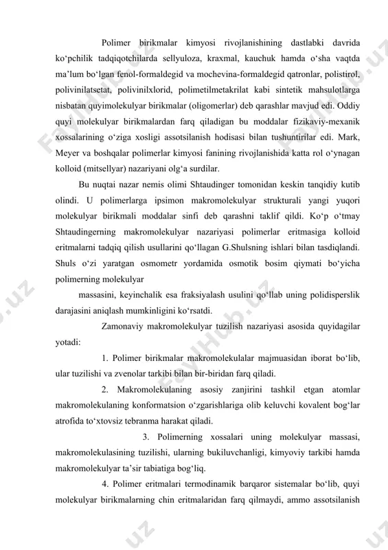 alar), ftorpolimerlar (prof. yo‘lchiboev a.a.) va tibbiy polimerlar (prof. musaev o‘.n., akad. rashidova s.sh., prof. najmiddinov sh., prof. to‘raev a.s. va boshqalar) sohasidagi fundamental tadqiqotlari alohida ahamiyatga ega. bu tadqiqotlar polimerlar kimyosini o‘rganishni o‘zbekistonda boshlagan alloma – o‘zbekistonda xizmat ko‘rsatgan fan va texnika arbobi, akademik h.u.usmonov nomi bilan bog‘liq. o‘zbekiston paxta etishtiruvchi etakchi mamlakatlardan hisoblanib unda tabiiy polimer – sellyulozaning bexisob zaxirasi mavjud. bundan tashqari ko‘plab pentozan tutuvchi xomashyolarning ko‘pligi va tabiiy gazning mavjudligi polimerlar kimyosi va texnologiyasining yirik markazini aynan o‘zbekistonda tashkil etishni taqozo etgan edi. 1950 yilda o‘zbekiston fanlar akademiyasining kimyo institutida paxta sellyulozasi va efirlarining termodinamik, fizik-kimyoviy va mexanik xossalarini tadqiq qilishni boshlagan tabiiy polimerlar kimyosi laboratoriyasi tashkil etildi. buni o‘zbekistonda polimerlar haqidagi fanga asos solingan davr deb hisoblash mumkin. polimerlar haqidagi dastlabki ishlar, shuningdek sohaga oid institut va laboratoriyalarning tashkil etilishi, h.u.usmonovning ustozi akademik v.a.kargin nomi bilan bog‘liq. tabiiy polimerlar kimyosi laboratoriyasida sellyuloza biosintezi, uning strukturasi, …