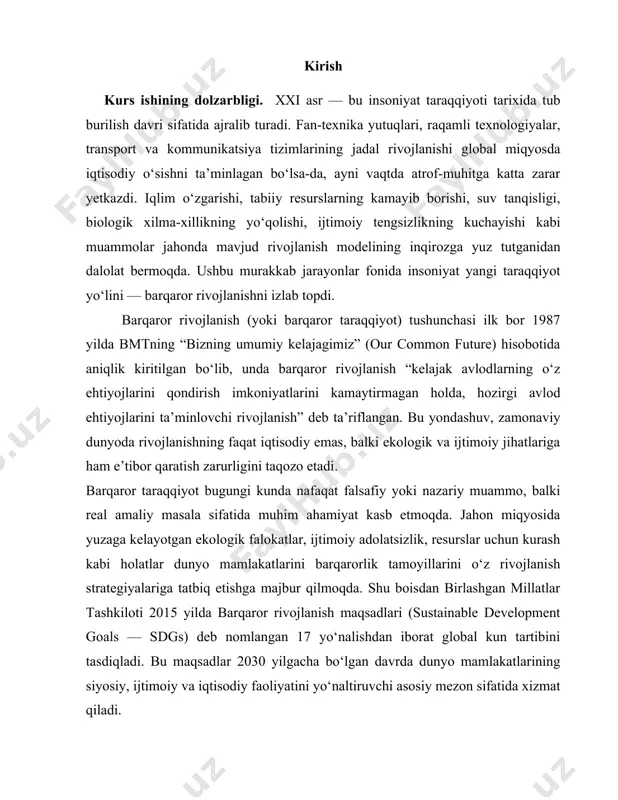 iy-iqtisodiy barqarorlikni ta’minlovchi ilmiy asoslangan strategik yo‘nalish sifatida alohida e’tiborni talab etadi. . bu esa kur ishi dolzarbliliginining aks etadi mavzuning o‘rganilganlik darajasi. barqaror taraqqiyotga oid konseptual yondashuvlar va ilmiy izlanishlar xalqaro miqyosda ancha taraqqiy etgan. xususan, ekologiya, iqtisodiyot, siyosatshunoslik, falsafa va sotsiologiya fanlarida bu tushuncha turli metodologik asoslarda yoritib kelinmoqda. g‘arbda e. daly[footnoteref:0], j. stiglitz,[footnoteref:1] a. sen[footnoteref:2], h. meadows[footnoteref:3], j. sachs[footnoteref:4] singari olimlar barqaror rivojlanish nazariyasining asoschilaridan hisoblanadi. ayniqsa, 1972 yilda “rivojlanish chegaralari” (limits to growth) nomli hisobotda ilk bor insoniyat faoliyati va tabiiy resurslar o‘rtasidagi ziddiyat ko‘rsatib berildi. hozirda bu sohada bmt, yunesko, jahon banki, oecd va boshqa yirik tashkilotlar ilmiy-ma’lumotlar, hisobotlar va strategiyalar ishlab chiqib kelmoqda. o‘zbekiston ilm-fanida ham bu borada salmoqli yutuqlar kuzatilmoqda. o‘zr fanlar akademiyasi, iqtisodiy tadqiqotlar va islohotlar markazi, o‘zbekiston ekologik partiyasi, turizm va madaniy meros vazirligi, qishloq xo‘jaligi vazirligi qoshidagi ilmiy muassasalar tomonidan ekologik barqarorlik, yashil iqtisodiyot, iqlim o‘zgarishi, resurslardan oqilona foydalanish, atrof-muhitni …