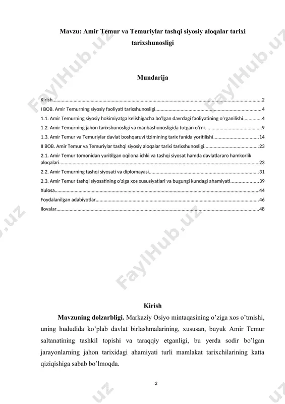 naviy yondashuvni talab qiladigan dolzarb muammolar mavjud bo’lib, ular qatoriga, davlatchiligimiz tarixida chuqur iz qoldirgan tarixiy shaxslarning hayoti va faoliyatini tadqiq etish muhim ahamiyatga egadir. shunday shaxslardan biri sohibqiron amir temur bo’lib, “tengsiz azmu shijoat, mardlik va donishmandlik ramzi bo’lgan bu mumtoz siymo buyuk saltanat barpo etib, davlatchilik borasida o’zidan ham amaliy, ham nazariy meros qoldirdi, ilmu fan, madaniyat bunyodkorlik, din va ma’naviyat rivojiga keng yo’l ochdi”3. barcha zamonlarda mamlakatlararo siyosiy, iqtisodiy va boshqa sohalar bo‘yicha o‘zaro aloqalarning shakllanishi va rivojlanishida elchilik munosabatlari muhim ahamiyat kasb etgan. hozirgi globallashuv, davlatlararo siyosiy va iqtisodiy jarayonlarning keskinlashuvi sharoitida ham mamlakatlarning o‘zaro hamkorlik va do‘stona munosabatlarini ta’minlashning eng umume’tirof etilgan dastaklaridan biri o‘zaro diplomatik aloqalarni rivojlantirish hisoblanadi. elchilik aloqalarini rivojlantirishda mamlakatlararo munosabatlarning tarixan shakllanishi muhim ahamiyat kasb etadi. bundan tashqari, o‘tgan zamonlarda mavjud bo‘lgan davlatlar, qirollik va amirliklarning muvaffaqqiyatli diplomatik munosabatlari, elchilarning tayinlanish, yuborilish va kutib olish tartiblari, ularning diplomatik faoliyati va ulkan …