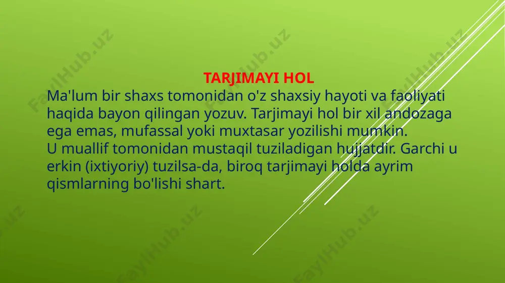 ldan 1997-yilgacha toshkent shahridagi 1-o'rta maktabda o'qidim. 1997-yilda toshkent texnika universitetining qurilish fakultetiga o'qishga kirdim. 1998 - 2000-yillarda armiya safida haqiqiy xizmatni o'tab qaytgach, o'qishni davom ettirdim va 2004-yilda shu universitetni imtiyozli diplom bilan tugatib, quruvchi-muhandis mutaxassisligiga ega bo'ldim. yo'llanma bilan toshkentdagi 166-qurilish trestining 94-mexanizatsiyalashgan ko'chma korxonasiga ishga yuborildim. dastlab muhandis lavozimida, 2009-yildan buyon bosh muhandis lavozimida ishlayapman. 2011-yilda rejadagi topshiriqlarni muvaffaqiyatli bajarganim va erishilgan natijalar uchun respublika qurilish vazirligining faxriy yorlig'i bilan taqdirlandim. bir necha jamoat ishlarida ham qatnashaman, jumladan, 166-qurilish tresti kasaba qo'mitasining a'zosiman. 2001-yildan xdp a'zosiman. uylanganman. xotinim rasulova muhabbat, 1982-yilda tug'ilgan. 2-shahar kasalxonasida hamshira bo'lib ishlaydi. o'g'lim - salimov nodir, 1996-yilda tug'ilgan, o'zmu talabasi. qizim - salimova lola, 2001-yilda tug'ilgan, 261-maktabda o'qiydi. mening turarjoyim: 100210, toshkent shahri, shota rustaveli ko'chasi 5-uy 27-xonadon. tel.: 71 272-28-61. imzo) k. salimov 2020-yil 15-yanvar image1.png image2.png image3.png /docprops/thumbnail.jpeg