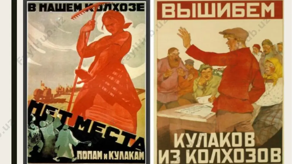 kuchli dehqon, odatda, dunyo yeyuvchining majoziy ifodasida o’z sotsialistlarining ekspluatatori bo’lgan quloqqa aylanadi. bu qishloq qarashlariga ko’ra, dehqon karerasi bo’lgan qishloq uchun qashshoqlik va zulmatdan chiqishning deyarli yagona yo’li deydi. pyotr arkadyevich stolipin — rossiya davlat arbobi. peterburg universitetini tugatgan. 1889 yildan rossiya ichki ishlar ministrligida xizmat qilgan qishloqning ilg‘or kuchlari tashabbusi, energiyaga yana bir nuqta bersak, mehnatkash dehqonga avvaliga vaqtincha shogirdlik olib, keyin unga tayinlash imkoniyatini bersak. davlat yerlaridan yoki dehqon bankining yer fondidan ajratilgan alohida yer uchastkasi va bu ta’minlangan bo‘lar edi. agar yerdan madaniy foydalanish uchun suv va boshqa muhim shart-sharoitlar mavjud bo‘lsa, u holda u yerdagi mahalla bilan birga. hayotiy ahamiyatga ega, mustaqil obod qishloq aholisi, barqaror vakil paydo bo’lardi rasmiy va jurnalistik sovet matnlarida sssrning dehqon aholisi uchta asosiy toifaga bo’lingan: • kulaklar, yollanma mehnatdan foydalanadigan boy dehqonlar, qishloq burjuaziyasi, chayqovchilar. sovet tadqiqotchilari kulaklarning xususiyatlarini “maoshli mehnatni ekspluatatsiya qilish, savdo va sanoat korxonalarini saqlash va …