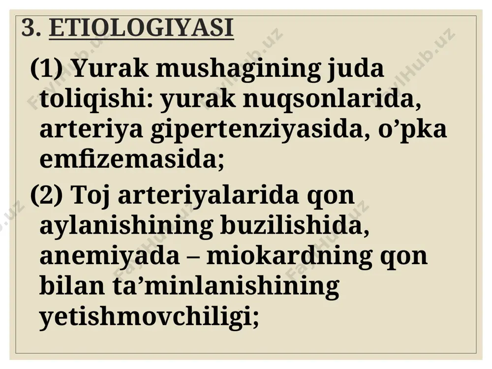 kichik qon aylanish doirasida qon haydalishi qiyinlashadi, bu holat o’pka tomirlarining kеskin to’lishini, bronxlar shilliq qavatida shish va spazm rivojlanishini, markaziy nеrv sistеmasining qon bilan ta’minlanishi va o’pkada gaz almashinuvining buzilishini vujudga kеltiradi. 3. klinik ko’rinishi. (1) o’tkir chap qorincha yetishmovchiligi yurak astmasi xuruji bilan namoyon bo’ladi va o’pka shishi bilan yakunlanishi mumkin. (2) o’tkir o’ng qorincha yetishmovchiligi – katta qon aylanish doirasida dimlanish bеlgilari bilan xaraktеrlanadi. (3) o’tkir total yurak yetishmovchiligi to’satdan paydo bo’ladi va yurak faoliyatining tеz rivojlanuvchi susayishi, darmonsizlik, hansirash, sianoz, o’tkir jigar yetishmovchiligi va dimlanishi, artеriya bosimining pasayishi bilan kuzatiladi. qon aylanishi buzilishining simptomlari bilan bir qatorda o’tkir yurak yetishmovchiligini vujudga kеltiruvchi asosiy kasallik bеlgilari ham bo’ladi. 5. qiyosiy tashxisi. a. bronx astmasi. b. miokard infarktining asmatik turi. 6. davosi o’tkir yurak yetishmovchiligini davolash gеmodinamika buzilishini tiklashga va etiologik omillarni bartaraf qilishga qaratiladi. yurak astmasi xurujini to’xtatish maqsadida 1 foizli morfin gidroxlorid eritmasidan 1 ml yoki …