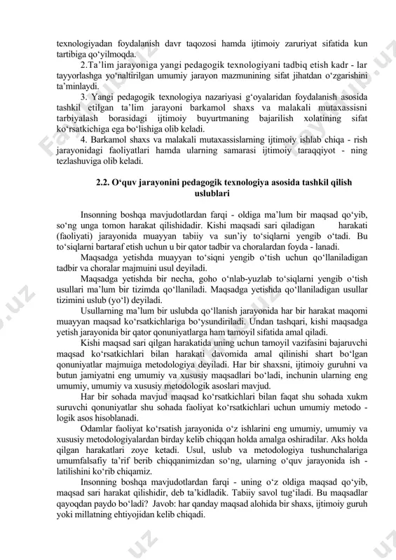 agi faol ishtirokini yuzaga keltirish uchun muayyan shart sharoitlarni yaratish, ularning hoxish-istaklari bilan о‘rtoq -lashish, shaxsiy tashabbuslarni qо‘llab quvvatlash, ularda mustaqil fikr yuritish layoqatini tarbiyalash, bu borada muayyan kо‘nikma xosil qilish, xosil qilingan kо‘nikmaning faoliyat malakasiga aylanishga rag‘bat bildirish, о‘quv (manb’alari va kо‘rsatmali vositalar) mazmunida yuqorida qayd etilgan g‘oyalarning о‘rin olishiga erishish, ta’lim oluvchilarda bilim olishga nisbatan ichki ehtiyoj, qiziqish, rag‘batni yuzaga keltirish, shuningdek, ongli munosabatni qaror toptirish va hokazolar asosida yaratiladi. yangicha mazmun kasb etgan kadrlar tayyorlash jarayoni barkamol shaxs va malakali mutaxassisni tayyorlash borasidagi ijtimoiy buyurtmaning bajarilish darajasi va sifat kо‘rsatkichining yuqori bо‘lishini kafolatlaydi. bozor iqtisodiyoti munosabatlari ishlab chiqarish mahsulotlariga nisbatan aholi tomonidan bildirilayotgan talab va taklif asosida tartibga solinar ekan, muayyan yо‘nalish bо‘yicha malakaviy (kasbiy) ma’lumotiga ega mutaxassisning ijtimoiy raqobatga bardoshligi muhim ahamiyatga egadir. halq xо‘jaligining raqobatbardosh mutaxassislari bilan ta’minlanishi uzluksiz ta’lim tizimida tashkil etilgan pedagogik faoliyatining samarali, muvaffaqiyatli ekanligini kо‘rsatuvchi dalil hisoblanadi. [9] ishlab chiqarish sohalarining …