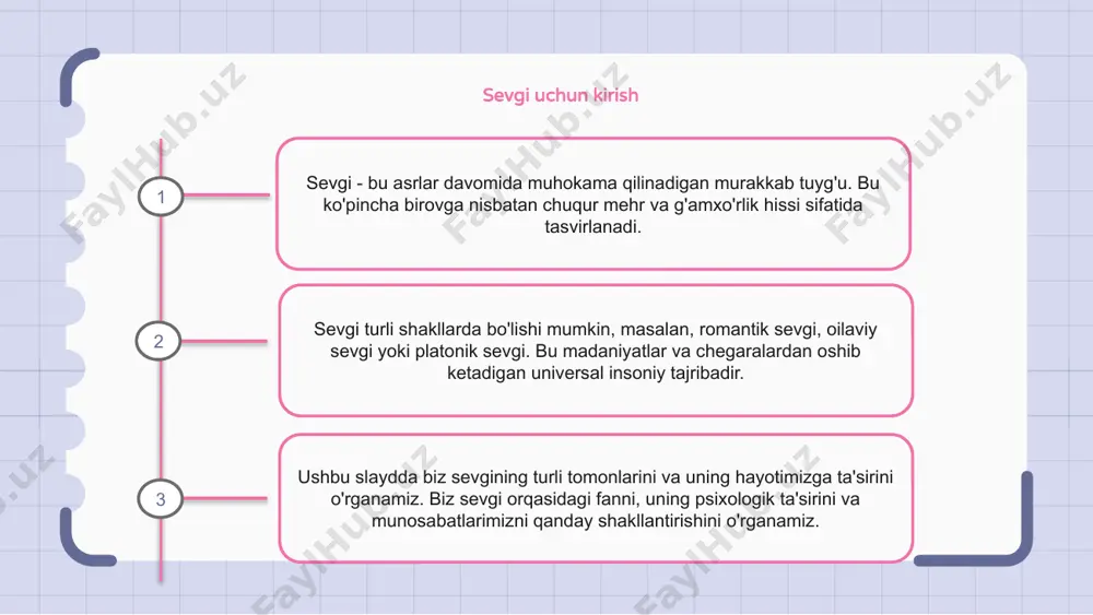 ot markazini faollashtiradi, bu esa zavq va bog'lanish tuyg'ularini keltirib chiqaradi. bundan tashqari, sevgiga bizning tarbiyamiz, madaniy me'yorlar va shaxsiy tajribamiz ta'sir qiladi. sevgi haqidagi falsafiy nuqtai nazar sevgi murakkab va ko'p qirrali tuyg'u bo'lib, tarix davomida faylasuflar tomonidan tekshirilib, tahlil qilingan. aflotun va aristoteldan tortib nitsshe va sartrgacha har bir faylasuf sevgi tabiati haqida o'ziga xos nuqtai nazarni taklif qilgan. ba'zilar sevgini sof hissiy tajriba sifatida ko'rishsa, boshqalari bu hissiyotlar, aql va axloqiy qadriyatlarning kombinatsiyasi deb ta'kidlaydilar. adabiyotda sevgi adabiyotdagi sevgi - bu murakkab tuyg'uning ko'p qirralarini o'rganadigan takrorlanadigan mavzu. shekspirning “romeo va juletta” haqidagi fojiali ertagidan tortib, jeyn ostenning hazil-mutoyiba romanlarigacha bo‘lgan asarda sevgi asosiy o‘rinni egallaydi. adabiyot ob’yektivi orqali sevgi ham go‘zal, ham buzg‘unchi sifatida tasvirlangan, ham quvonch, ham qalbni iztirobga olib keladi. 1 2 3 pop madaniyatida sevgi pop madaniyatida sevgi ko'pincha vaqt va makondan ustun turadigan kuchli tuyg'u sifatida tasvirlangan. qo‘shiqlar, filmlar va teleko‘rsatuvlarda ko‘pincha …