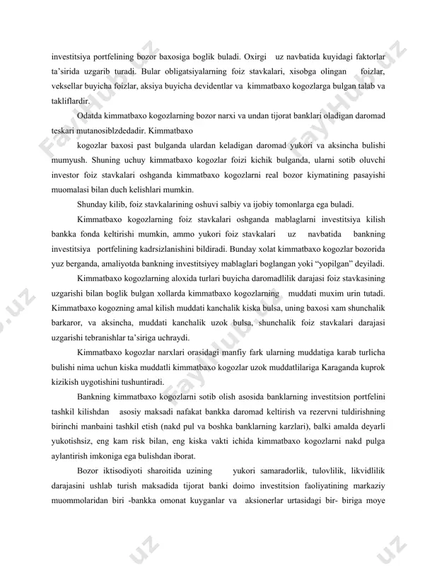 ining kadrsizlanishini bildiradi. bunday xolat kimmatbaxo kogozlar bozorida yuz berganda, amaliyotda bankning investitsiyey mablaglari boglangan yoki “yopilgan” deyiladi. kimmatbaxo kogozlarning aloxida turlari buyicha daromadlilik darajasi foiz stavkasining uzgarishi bilan boglik bulgan xollarda kimmatbaxo kogozlarning muddati muxim urin tutadi. kimmatbaxo kogozning amal kilish muddati kanchalik kiska bulsa, uning baxosi xam shunchalik barkaror, va aksincha, muddati kanchalik uzok bulsa, shunchalik foiz stavkalari darajasi uzgarishi tebranishlar ta’siriga uchraydi. kimmatbaxo kogozlar narxlari orasidagi manfiy fark ularning muddatiga karab turlicha bulishi nima uchun kiska muddatli kimmatbaxo kogozlar uzok muddatlilariga karaganda kuprok kizikish uygotishini tushuntiradi. bankning kimmatbaxo kogozlarni sotib olish asosida banklarning investitsion portfelini tashkil kilishdan asosiy maksadi nafakat bankka daromad keltirish va rezervni tuldirishning birinchi manbaini tashkil etish (nakd pul va boshka banklarning karzlari), balki amalda deyarli yukotishsiz, eng kam risk bilan, eng kiska vakti ichida kimmatbaxo kogozlarni nakd pulga aylantirish imkoniga ega bulishdan iborat. bozor iktisodiyoti sharoitida uzining yukori samaradorlik, tulovlilik, likvidlilik darajasini ushlab …