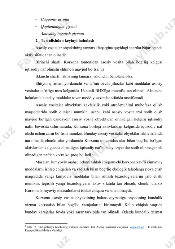 in. ushbu kabi asosiy vositalarni sotib olish mavjud bo‘lgan qandaydir asosiy vosita obyektidan olinadigan kelgusi iqtisodiy nafni bevosita oshirmasada, korxona boshqa aktivlaridan kelgusida iqtisodiy naf olishi uchun zarur bo‘lishi mumkin. bunday asosiy vositalar obyektlari aktiv sifatida tan olinadi, chunki ular yordamida korxona tomonidan ular bilan bog‘liq bo‘lgan aktivlardan kelgusida olinadigan iqtisodiy naf bunday obyektlar sotib olinmaganida olinadigan nafdan ko‘ra ko‘proq bo‘ladi.[footnoteref:3] [3: ias 16 (buxgalteriya hisobining xalqaro standarti 16) asosiy vositalar (tarjima). www.mf.uz – o’zbekiston resppublikasi moliya vazirligi] masalan, kimyoviy mahsulotlarni ishlab chiqaruvchi korxona xavfli kimyoviy moddalarni ishlab chiqarish va saqlash bilan bog‘liq ekologik talablarga rioya etish maqsadida yangi kimyoviy moddalar bilan ishlash texnologiyalarini jalb etishi mumkin; tegishli yangi texnologiyalar aktiv sifatida tan olinadi, chunki ularsiz korxona kimyoviy maxsulotlarni ishlab chiqara va sota olmaydi. korxona asosiy vosita obyektining balans qiymatiga obyektning kundalik xizmat ko‘rsatish bilan bog‘liq xarajatlarini kiritmaydi. kelib chiqish vaqtida bunday xarajatlar foyda yoki zarar tarkibida tan olinadi. odatda …