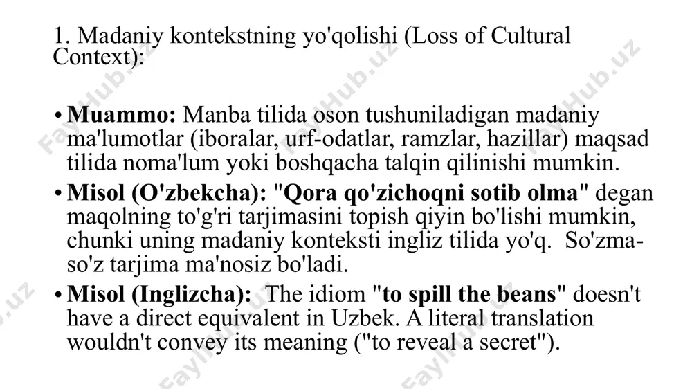tuvchi so‘zlarni qo‘llash. bu tarjima kontekst bilan bog‘liqlikni anglatadi, ba’zida esa taxminiy ma’noga ega bo‘ladi. 3. so‘zni qo‘llash, ya’ni tarjima qilinayotgan tildagi realiyaga vazifa jihatidan yaqinroq ma’noga ega bo‘lgan so‘zni qo‘llash usulidir. bunda ba’zida so‘zning taxminiy ma’nosini kontekstga moslab qo‘llaniladi. 4. giponimik usul, umumlashtirilgan taxminiy tarjima, tarjima amalga oshirilayotgan tildagi realiyalar tarjima tilida beriladi va tur bildiruvchi tushunchani emas, balki rod bildiruvchi tushunchani aks ettiradi. 1. transliteratsiya va transkripsiya. xorij tilidagi realiyalarni yetkazib berishning bir necha usuli mavjud. birinchidan, yu.s. maslov "moddiy o‘zlashtirish" yoki xususiy ma’nodagi o‘zlashtirishni ajratib ko‘rsatadi. bunday hollarda xorij birliklarining nafaqat so‘z ma’nosi (yoki so‘z ma’nolaridan biri), balki u yoki bu darajadagi yaqin ma’nosi–uning moddiy eksponenti o‘zlashtiriladi. “moddiy o‘zlashtirish”ga birinchi navbatda, transliteratsiya va transkripsiya kiradi: trasliteratsiya so‘zlarni grafik darajada yetkazishdir. masalan: volost, lada, ukaz, zil; transkripsiya esa fonemalar darajasida yetkazishdir. masalan: soumalak, krechtchenie, koulak, sovkhoze. transkripsiya va transliteratsiyadan ko‘p hollarda atoqli otlar, davlat korxonalari nomlari, o‘quv yurtlari …