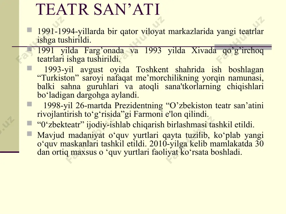 usiqa festivali o‘tkazildi. milliy-an'anaviy qo‘shiqchilik bilan birga milliy estrada san'ati ham rivojlanmoqda. o‘lmas saidjonov, munojot yo‘lchieva, nasiba sattarova, ismoil va isroil vahobovlar bilan bir qatorda yulduz usmonova, farrux zokirov va ularni yuzlab kasbdoshlari o‘zbek qo‘shiqchilik san'atida ijod qilmoqda. an'anaviy “sharq taronalari” festivali besh qit'a san'at ahlining diqqatini o‘ziga tortdi.1997 yildan beri ikki yilda bir marta o‘tkazib kelinmoqda. o‘zbekison xalq artisti qizlarxon do‘stmuxamedova rahbarligida “munojot” milliy mumtoz raqs ansambli tashkil etildi. kino san’ati o‘zbek kinosi qariyb 85 yillik tarixga ega bo‘lsada, chin ma'nodagi milliy o‘zbek kinosi faqat mustaqillik yillaridagina shakllana boshladi. so‘nggi yillarda yaratilgan “o‘tgan kunlar”, “otamdan qolgan dalalar” “yozning yolg‘iz yodgori”, “kichkina tabib”, “voiz” kabi badiiy filmlar tomoshabinlarga manzur bo‘ldi. kinochilar bir qator hujjatli filmlarni yaratdilar. ular orasida “o‘zbekiston xxi asr bo‘sag‘asida ” asari xalqimiz va xorijlik tomoshabinlar tomonidan yuqori baholandi. millatlararo munosabatlar o‘zbekistonda ta’lim 7 tilda olib boriladi. bular sirasiga o‘zbek va qoraqalpoq tillaridan tashqari rus, qozoq, turkman, tojik …