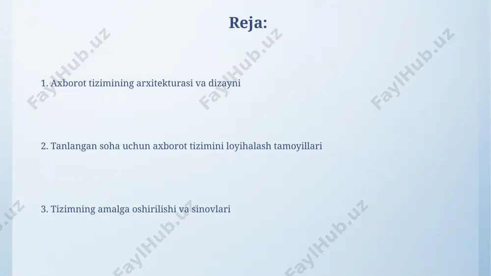 a oshirish tizimning samaradorligini oshirish uchun 3 bosqichli sinov jarayoni qo'llaniladi, bu jarayon toshkent va andijon shaharlaridagi 2000 dan ortiq foydalanuvchi tomonidan tekshiriladi va 2 oy davom etadi. tizimning umumiy qiymati 150 000 aqsh dollaridan oshadi, bu mablag'lar texnik infratuzilma, dasturiy ta'minot va xodimlarni tayyorlashga sarflanadi. tanlangan soha uchun axborot tizimini loyihalash лойиҳанинг жами бюджети 150 миллион сўмни ташкил этади ва бу маблағлар дастурий таъминотни ишлаб чиқиш, 10 та компьютерни харид қилиш ва ходимларни ўқитишга йўналтирилади. танланган соҳа учун ахборот тизимини лойиҳалашда 30 дан ортиқ фоиз вақт маълумотлар базасини оптималлаштиришга, хусусан, тошкент шаҳридаги серверларни танлашга сарфланади. tizimni sinovdan o'tkazish va qo'llash andijon viloyatida joylashgan 3 ta filialda tizimni qo'llash jarayonida 10% xatolik darajasi aniqlandi, bu esa dasturiy ta'minotning 1.5 versiyasini ishlab chiqishga sabab bo'ldi. tizimning samaradorligini baholash uchun 50 ta foydalanuvchi toshkent shahridan tanlab olinib, 2 hafta davomida sinovdan o'tkazildi, natijalar 90% muvaffaqiyatli deb baholandi. e'tiboringiz uchun rahmat @taqdimot_robot image4.png …