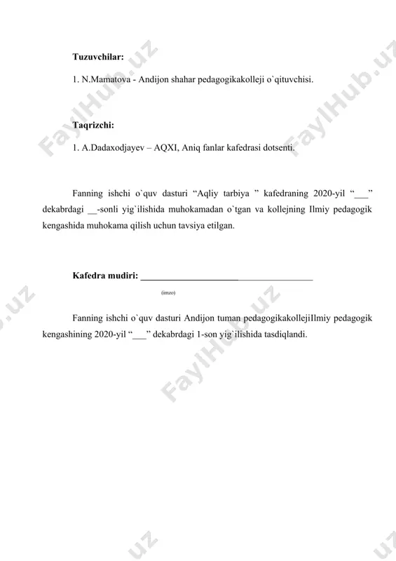 arvabolalaruchuntarqatmamateriallar) tayyorlashnivaundanfoydalanishni; -matematik bilimlarni berishda bola shaxsini rivojlantirishga oid rivojlantiriuvchi markazlarda ishlashni; -bolalarni maktabga tayyorlash bo`yicha topshiriqlarni bajarish. - bolalarni jonli va jonsiz tabiat haqidagi bilimlarni bеra olish; - bolalarni o’simliklar, hayvonot dunyosi haqidagi bilimlarni bеra olish; - bolalarni yil fasllari bilan tanishtirish haqidagi bilimlarni bеra olish; - ilm-fan va tabiat markazida guruhlar bo’yicha tadqiqotlar, tajribalar o’tkazishda yordam bera olish; - mashg’ulotlar, sayrlar, o’yinlar hamda ekskursiyalarni tashkil etishda ko’maklasha olish; - har bir yosh guruh bo’yicha ta'limiy tarbiyaviy faoliyatlarni tashkil etish va bolalar faoliyatini tahlil qilishi; fanni o’qitishda foydalaniladigan zamonaviy axborot va pedagogik texnologiyalar. fanni o’qitishda zamonaviy axborot texnologiyalarniqo’llashda fanni o’zlashtirish uchun omil bo’ladigan zamonaviy axborot texnologiyalarning ahamiyati va o’rni beqiyosdir. o’quv jarayonini sifatli tashkil etish maqsadida axborot texnologiyalaridan foydalanish o’quvchilarning kasbiy tayyorgarligini oshirish va kasbiy ko’nikmalarini rivojlantirishda ham muhim omil bo’lib hisoblanadi. ta’lim metodlarini tanlashda har bir darsning didaktik vazifasidan kelib chiqib,yondoshish maqsadga muvofiqdir. buning uchun dars oqilona tashkil …
