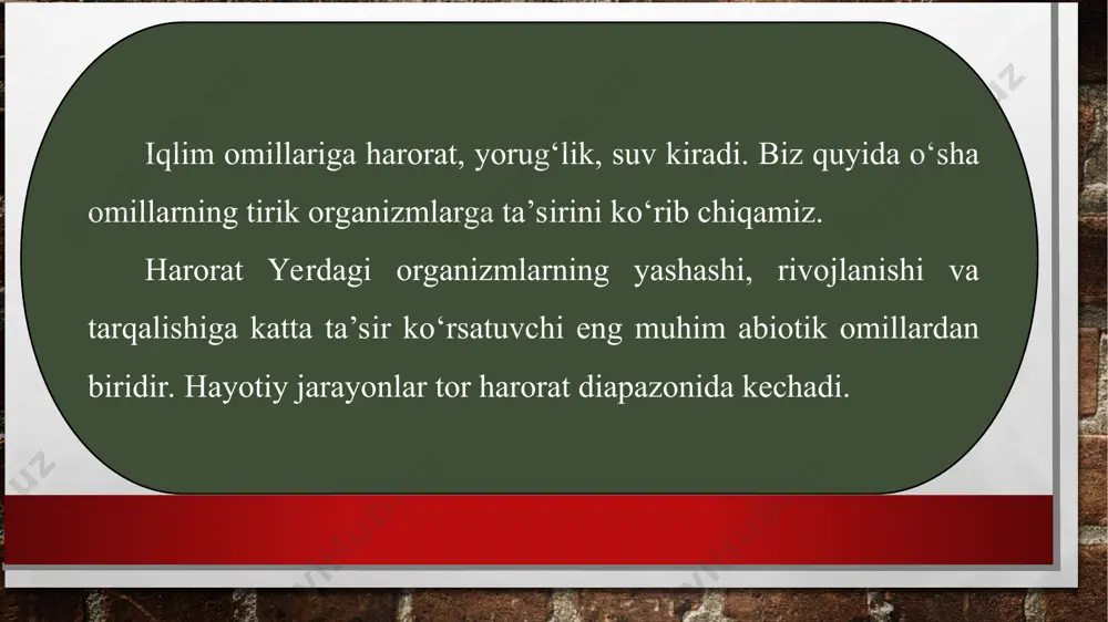 saqlanadi. tana haroratining doimiy saqlanishi ikki xil mexanizm asosida amalga oshadi. kimyoviy mexanizm oksidlanish-qaytari lish reaksiyalarining jadalligiga bog‘liq bo‘lib, markaziy nerv sistemasi tomonidan reflektor usulda idora qilinadi. tana haroratini bir xil saqlashda to‘rt kamerali yurakning paydo bo‘lishi, nafas sistemasining takomillashishi ham katta hamiyatga ega bo‘lgan. issiqlikni o‘zgartirmay saqlashning fizik mexanizmlari qalin jun, patlar, teri osti yog‘ kletchatkasi, teri bezlarining paydo bo‘lishiga, qon aylanishining nerv istemasi orqa idora qilish mexanizmlarining paydo bo‘lishiga bog‘liqdir. atmosferaning yuqori qatlamlaridan o‘tib, yer yuzasiga yetib keluvchi quyosh nurlarining to‘lqin uzunligi taxminan 0,3–10 km ga tengdir. ultra – binafsha nurlarining juda kam qismigina yer yuzasiga yetib keladi. ammo yer yuzasiga yetib keladigan quyosh nurlanishining quvvati birmuncha kamroqdir, chunki orug‘likning bir qismi atmosferada yutiladi va qaytariladi. ultrabinafsha nurlarning to‘lqin uzunligi 0,30–0,40 mkm ga teng bo‘lganligi va yuksak imyoviy faolligi tufayli tirik hujayralarni jarohatlashi mumkin. lekin ultrabinafsha nurlar organizmlar uchun kam miqdorda zarur hisoblanib, foydali ta’sir ko‘rsatadi. ular d …