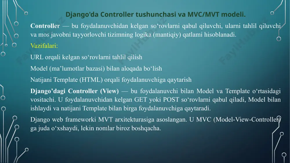 ash dinamik bo'lishi mumkin, masalan, kitobning id'sini urlda yuborish orqali faqat bitta kitobni ko'rsatish. django url parametrlarini olish va view'da ishlatishni ham qo'llab-quvvatlaydi. django’da view sinflari va funksional view’lar django frameworkida foydalanuvchidan kelgan http so‘rovlarni qayta ishlovchi qism — view (ko‘rinish) deb ataladi. view’lar yordamida tizimning asosiy mantiqiy ishlovlari bajariladi: ma’lumot olish, saqlash, tahrirlash, o‘chirish va foydalanuvchiga natijani chiqarish. django’da view’lar ikki shaklda yozilishi mumkin: funksional view’lar (function-based views) sinfga asoslangan view’lar (class-based views) 1.funksional view . funksional view’lar (function-based views)— bu oddiy python funksiyasi bo‘lib, u kamida bitta parametr, ya’ni request obyektini qabul qiladi. ushbu view foydalanuvchidan kelgan so‘rovga javob qaytaradi. django’da eng sodda view mana shunday yoziladi. # views.py from django.http import httpresponse def hello_view(request): return httpresponse("assalomu alaykum, barchaga!") yuqoridagi misolda hello_view funksiyasi foydalanuvchidan kelgan so‘rovga matnli javob qaytaryapti. url bilan bog‘lash: # urls.py from django.urls import path from .views import hello_view urlpatterns = [ path('hello/', hello_view, name='hello'), …