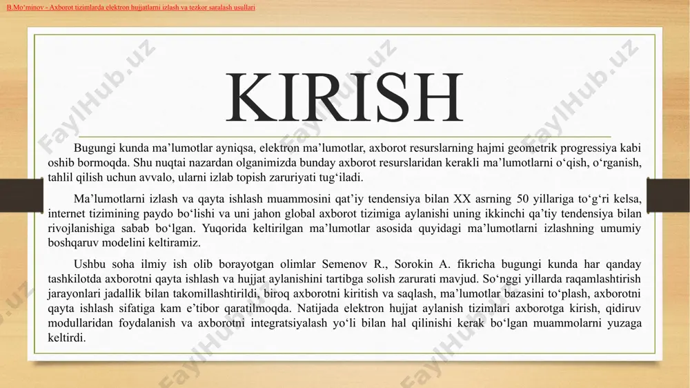 ish, xizmatlarini tanlash (navigatsiya), so‘rovni tegishli usulda rasmiylashtirish (kunlik so‘rov); bir yoki bir nechta usullarda qidiruvni o‘tkazish; olingan natijalarga 2-3 bosqichli havolalar yaratish; olingan natijalarga havolalar tarkibini aniqlash, tegishli va doimiy ma’lumotlarni ko‘rsatish orqali dastlabki ishlov berish; agar lozim deb topilsa, so‘rov mazmunini o‘zgartirish va olingan natijalarni oldingi so‘rov natijasi bilan aniqlashtiruvchi dastlabki ishlov berishni amalga oshrish. b.mo‘minov - axborot tizimlarda elektron hujjatlarni izlash va tezkor saralash usullari elektron hujjat aylanish tizimlarida qidiruv texnologiyalari va ma’lumot tuzilmalariga ko‘ra, uni 4 toifaga bo‘lish mumkin: mavzuli kataloglar; ixtisoslashtirilgan kataloglar (ma’lu-motnomalarga asoslangan); to‘liq matnli qidiruv usullari; metama’lumotlar asosidagi qidirish. bu yuqorida keltirilgan asosiy elementlar va ma’lumot tuzilmalari asosida elektron hujjat aylanish tizimlarida ko‘p parametrli va filtrlangan ma’lumotlarni olish uchun izlash algoritmini quyidagicha taklif qilinadi. b.mo‘minov - axborot tizimlarda elektron hujjatlarni izlash va tezkor saralash usullari o‘zbekiston respublikasi qonuni elektron xujjat aylanishi to‘g‘risida elektron hujjat aylanish to‘g‘risidagi qonun 1-modda. ushbu qonunning maqsadi. ushbu qonunning …