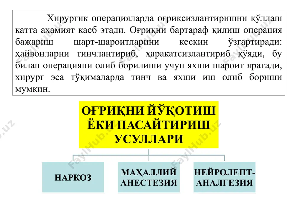 lish bosqichi) – asta-sekin o'z holatiga qaytish bosqichi. 1 bosqich (analgeziya bosqichi) juda qisqa vaqt 13-14 minut davom etadi. hayvonlarning bezovtalanishi qayd etiladi, og'riq va boshqa sezgilar pasaygan, nafas olishi chuqur, ko'z qorachig'i kengaygan bo'ladi efir narkozining o'tishi klinik jixatidan to'rt bosqichda kechadi: ingalyatsion narkozni yuborish yopiq yarim ochiq otlar narkozi buning uchun xloralgidrat qo'llaniladi. uni organizmga yuborish yo'llari har xil bo'ladi: vena qon tomiriga, og'iz orqali, to'g'ri ichak orqali. 20 daqiqa oldin muskul orasiga 5 ml 1 % atropin yuborib premidikatsiya o'tkazish kerak. vena qon tomiriga xloralgidrat sekinlik bilan yuboriladi, miqdori 0,1 g 1 kg tana og'irligiga 10 %. og'iz orqali atalaga qo'shib beriladi, dozasi 0,1 g/kg 2-3 litr. to'g'ri ichak axlatdan bo'shatiladi, miqdori 0,1 g/kg 5 % kraxmal eritmasiga qo'shib yuboriladi. ochiq yarim yopiq vena qon tomiriga xloralgidrat eritmasini yuborish mumkin, miqdori 0,1 g/kg 10 % kontsentratsiyada. vena qon tomiriga alkogol yuborish mumkin, quyidagi eritmada: spirt 445,0, natriy …