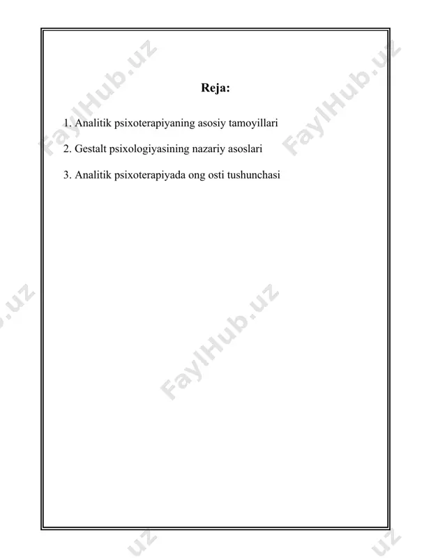 apik jarayonda shaxsning soyasini anglash va uni qabul qilish muhim ahamiyatga ega. 4. **individuatsiya jarayoni**: bu jarayon individning o'zligini yaxlitlash va o'zini anglashida muhim bosqich hisoblanadi. jung fikricha, individuatsiya - insonning o'zini to'liq va aniq tushunishi, o'z ichki ziddiyatlarini tahlil qilishi, va natijada shaxs sifatida komilaga yetishidir. 5. **anxoiy arxivasi**: psixoterapiyada insonning ong ostida yotuvchi, eski xotiralar, his-tuyg'ular va tajribalarni ochishga yordam beruvchi muolajalardan foydalaniladi. bu muolaja orqali mijozning o'tmishidagi, u uchun hal qilinmagan va unga ta'sir o'tkazib kelayotgan muammolar aniqlanadi va tahlil qilinadi. 6. **symbolizm**: simvollar - psixologik jarayonlarning ifodasi bo'lib, ular orqali odamlar o'zlarining tasavvur va his-tuyg'ularini ifodalaydi. analitik psixoterapiyada simvollarni tushunish va tahlil qilish usullari mijozning ichki holatini chuqur anglashga imkon beradi. 7. **orzular analizi**: orzularni tahlil qilish analitik psixoterapiyaning markaziy elementlaridan biridir. jung orzularni ongsizning "so'zlari" deb atagan va ularni tahlil qilish orqali insonning ichki ziddiyatlari, istaklari va qobiliyatlarini aniqlash mumkinligini ta'kidlagan. 8. **numinozlik va ma'naviylik**: …