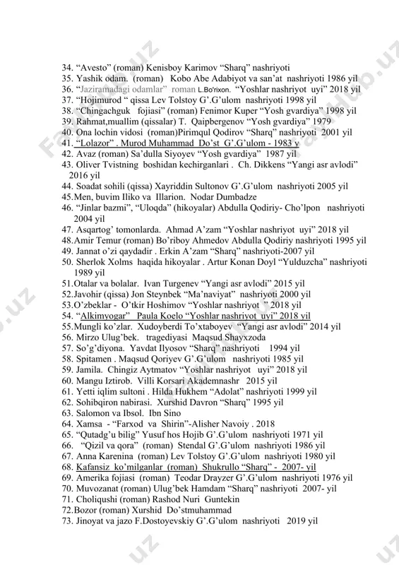 uyi” 2018 yil 30. “sirli muallim” (qissa) l. bo’rixon 31. “maymun yetaklagan odam” , “tobut”, “shamolni tutib bo’lmaydi” nazar eshonqul (hikoyalar) 32. ot kishnagan oqshom . tog’ay murod “yoshlar nashriyot uyi” 2018 yil 33. dengiz shunqori . (roman) jems oldrij “yosh gvardiya” 1977 yil 34. “avesto” (roman) kenisboy karimov “sharq” nashriyoti 35. yashik odam. (roman) kobo abe adabiyot va san’at nashriyoti 1986 yil 36. “jaziramadagi odamlar” roman l.bo'rixon. “yoshlar nashriyot uyi” 2018 yil 37. “hojimurod “ qissa lev tolstoy g’.g’ulom nashriyoti 1998 yil 38. “chingachguk fojiasi” (roman) fenimor kuper “yosh gvardiya” 1998 yil 39. rahmat,muallim (qissalar) t. qaipbergenov “yosh gvardiya” 1979 40. ona lochin vidosi (roman)pirimqul qodirov “sharq” nashriyoti 2001 yil 41. “lolazor” . murod muhammad do’st g’.g’ulom - 1983 y 42. avaz (roman) sa’dulla siyoyev “yosh gvardiya” 1987 yil 43. oliver tvistning boshidan kechirganlari . ch. dikkens “yangi asr avlodi” 2016 yil 44. soadat sohili (qissa) xayriddin sultonov g’.g’ulom …