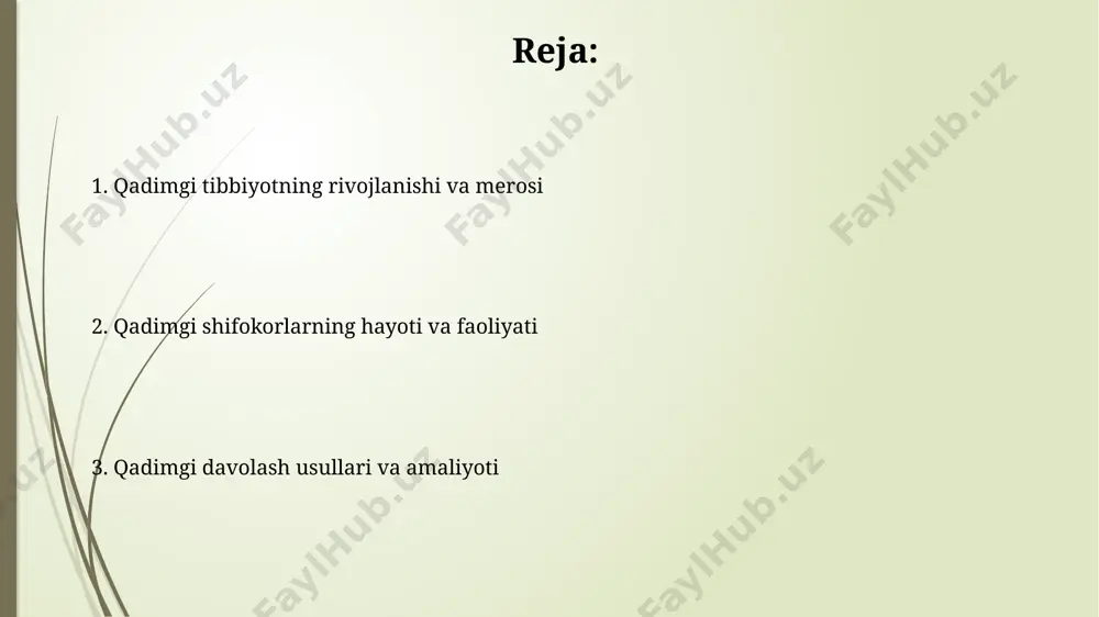 arning samaradorligi turlicha bo'lgan. qadimgi rim shifokorlari, masalan, galen kabi, inson tanasidagi 4 ta suyuqlik (qon, balg'am, sariq va qora safro) muvozanatini sog'liqning kaliti deb hisoblashgan va bu nazariya asrlar davomida tibbiyotga ta'sir ko'rsatgan. bobil shifokorlari bobil shifokorlari puls tekshiruvi, siydik va najas tahlili kabi diagnostika usullarini qo'llaganlar, bu esa ularning klinik kuzatuvlarga asoslangan amaliyotini aks ettiradi. ularning tibbiy bilimlari gil planshetlarda yozilgan "diagnostika" va "davolash" kabi matnlarda saqlanib qolgan bo'lib, 250 dan ortiq kasallik va ularning davolash usullarini tasvirlaydi. qadimgi xitoy tibbiyoti akupunktur, qadimgi xitoy tibbiyotida 365 dan ortiq bioaktiv nuqtalarni igna bilan qo'zg'atish orqali tanadagi energiya oqimini tartibga solish usuli sifatida ishlatiladi. pulsologiya, qadimgi xitoy shifokorlari tomonidan qo'llaniladigan diagnostika usuli bo'lib, bemorning pulsi orqali 12 ta asosiy meridian va ularning holatini aniqlash imkonini beradi. qadimgi hindiston tibbiyoti qadimgi hindiston tibbiyotida 8 ta asosiy turdagi pulsni aniqlash va ular orqali kasalliklarni tashxislash tizimi mavjud bo'lib, har bir puls turi …