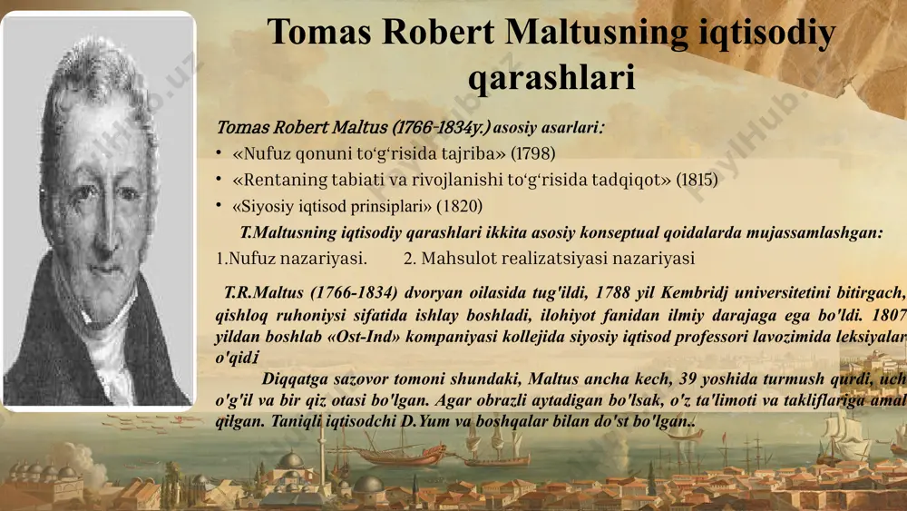 h turmush qurish, tug‘ilishni kamaytirish) t.maltus nufus nazariyasi qonuni doirasida tuproq unumdorligining pasayishi qonunini asoslab berdi. ingliz iqtisodchisi tomas robert maltus demografiya muammolari to'g'risida birinchilardan bo'lib fikr yuritgan bo'lmasa-da, «nufus nazariyasi»ni ilk bor u yaratdi. bu muammo bo'yicha barcha munozaralarda uning nomi birinchilardan tilga olinadi. masalan, aristotel (m.a. 384-322) «siyosat» asarida aholisi kam sonli mamlakatni ideal davlat deb hisoblagan, chunki shunda sotsial garmoniya bo'ladiki, aholi me'yordan ko'p bo'lsa sotsial ziddiyat kelib chiqadi. u nikoh to'g'risida qonun taklif etgan, unda erkaklarga 37, ayollarga 18 yoshgacha farzand ko'rish taqiqlangan, uningcha aholi ko'pligi yer yetishmasligiga olib keladi va u qashshoqlikka mahkum etiladi. t.r.maltus “nufus qonuni”ning matematik ifodasi aholining o‘sishi geometrik progressiya 1,2,4,8,16,32,64,128 va hokazo tirikchilik vositalarining o’sishi arifmetik progressiya 1,2,3,4,5,6,7,8,9,10 200 yildan so’ng ahilining o’sishi 256 marta tirikchilik vositalari 9 marta 300 yildan so’ng ahilining o’sishi 9096 marta tirikchilik vositalari 13 marta t.maltus yashagan davr… t.maltus yashagan davr angliyada sanoat inqilobi amalga oshayotgan …