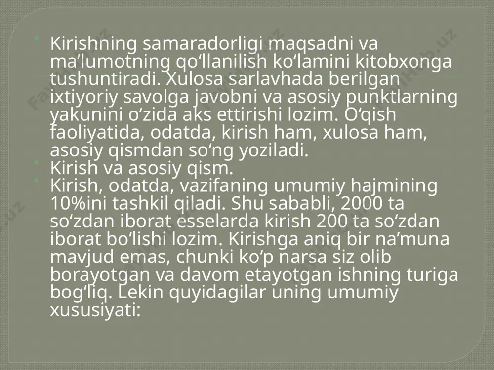 lari haqida ketmoqda) abzaslarni tashkil qilish. abzaslar akademik yozuvning asosiy qurilish bloklari hisoblanadi. yaxshi tarkibiy tuzilgan abzaslar kitobxonga dalillarni qulay bo‘limlarga bo‘lib, mavzuni tushunishni osonlashtiradi. bu qism asosiy e’tiborni quyidagilarga qaratadi: abzas bir mavzuga bog‘liq bo‘lgan holda, bir necha gaplardan tashkil topgan. abzaslarga bo‘lish muallif va kitobxonning argumentlar bilan mukammal mashg‘ul bo‘lishi uchun yordam beradi; abzasning hajmi matn turiga qarab turlanadi, ammo, odatda, u to‘rt yoki besh gapdan iborat bo‘ladi. odatda (har doim emas), birinchi jumla mavzuga kirish bo‘lib xizmat qiladi. keyingilari esa ta’riflar beradi, misollar, qo‘shimcha ma’lumotlar, sabablar va xulosalar; d) abzas qismlari o‘zaro qalin shriftli ibora va bog‘lovchilar bilan farqlanadi abzas tarkibi abzas tarkibining bir-biri bilan bo‘gliqligi matndagi punktlar o‘rtasidagi aloqadorlik. abzas quyidagicha tahlil qilinishi mumkin: mavzu sarlavhasi - dunyoning rivojlangan mamlakatlarida ko‘chmas mulkchilik darajasi juda xilma-xil; xulosani o‘z izohlari asosida yozish. bunda tuzilishni o‘zgartirish ham mumkin. asosiy fikrlar uchun izohlar yozib olish (perefrazalagan holda). asl manbani e’tibor …