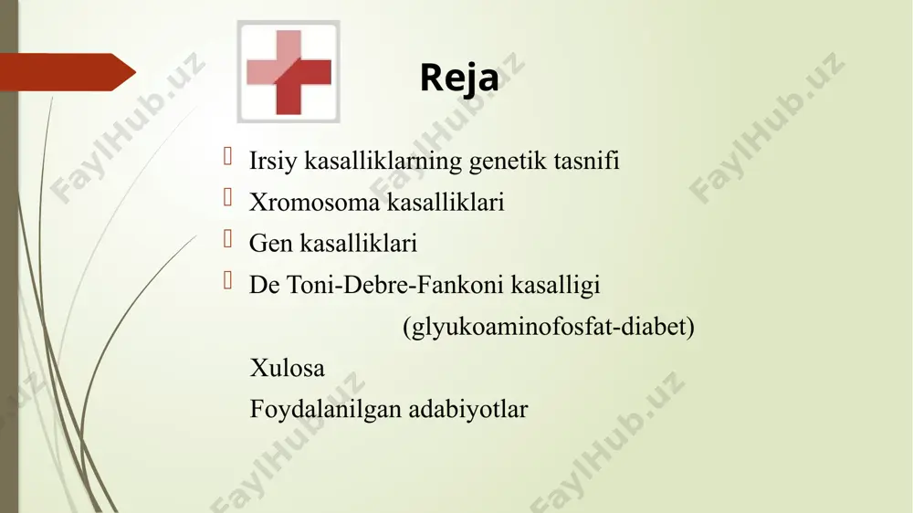 sht antigenlariga immunologik reaktsiyasi natijasidir. bunday kasalliklarning tipik misoli qilib rh antigeniga nisbatan ona va pusht nomosligi natijasida kelib chiqadigan chaqaloqlar gemolitik anemiyasi kasalligini keltirish mumkin. immunologik ziddiyatlar abo guruhlari antigenlariga nisbatan ham kelib chiqishi mumkin. bu guruh kasalliklari akusherlik-ginyekologiya amaliyotida va tibbiygenetik maslahatlarda keng uchraydi. irsiy kasalliklarning genetik tasnifi xromosoma kasalliklari autosoma geteroploidiyalari 1. daun sindromi (g-trisomiyasi 2. patau sindromi (d-trisomiyasi 3. edvards sindromi (e-trisomiyasi 4. shereshevskiy- terner sindromi 5. klaynfelter sindromi 6. triplo x-sindromi xromosomalar strukturasining buzilishi natijasida kelib chiquvchi kasalliklar 1. “mushuk chinqirig’i” sindromi (lejen sindromi 2. volf-xirshxorn sindromi 3. 9p+ sindromi 4. mikrotsitogenetik sindromlar gen kasalliklari 1. struktur oqsillar mutatsiyasi natijasida kelib chiquvchi kasalliklar - marfan sindromi (araxnodaktiliya) 2. aminokislotalar almashinuvi buzilishlari - fenilketonuriya (fenilpirouzum oligofreniyasi) 3. uglevodlar almashinuvi buzilishi - galaktozemiya 4. lipidlar almashinuvining buzilishlari - gangliozidozlar 5. vitamin va mineral almashinuvi buzilishlari - de toni-debre-fankoni kasalligi 6. jamg’arilish kasalliklari - mukopolisaxaridozlar 7. gormonlar metabolizmi …