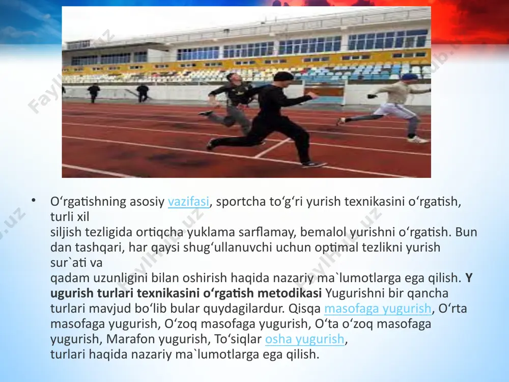 dida albatta asosiy maktabda qo`yilagan va ommaviy musobaqalarda o`tkaziladigan to`rlar olinishi shart. maktabda maxsus stendda chempionlarni su`ratlari sport yutuqlari aks etadigan su`ratlar bo`lishi diqqatga sazovor. stend bir qismida musobaqa kalendari 1 yilga mo`jallangan bo`lishi kerak, unda qachon va qanday shartlar berilgan bo`lishi kerakligi yozilishi zarur. stendda yengil atletika musobaqa qoidalari berilib to`rilishi kerak. mustaqil tayyorgarlik materiallari yoritilishi kerak. "nima qilsam kuchli bo`laman", "yozgi kanikulda nima bilan shug`illanish kerak". stendda "maktab spratakiadasining natijalari" yoritilib borishi kerak. har qaysi qatoriga uni egallagan o`rni, ochkosi, o`tkazilgan musobaqadan so`ng darrov yozilishi zarur! yana bir stend "maktab jismoniy tarbiya dasturining talablari" deb unda dastur talabi, mashqlar tarkibi yoritiladi. maktab radiouzeli orqali doimiy davlat miqyosidagi chempionlarni, rekordchilarni tarixini, biografiyasini berib borilsa qiziqarli bo`ladi. yuqori sport mahoratiga ega bo`lgan sportchilar bilan uchrashuvlar tashkil qilinsa, sport qirolicha maktabda egallagan o`rni yuqoriroq bo`ladi. qiziquvchi o`quvchilar ko`payadi. 2. maxsus moslamalar yasash. sport maydonini sozlayotganida shuni e`tiborga olish kerakki, darsdan tashqari …
