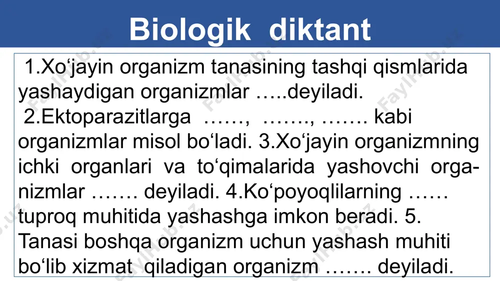va parazit o‘simliklar kiradi. 7.redutsentlar – geterotrof organizmlar bo‘lib, organik birikmalarni anorganik moddalargacha parchalaydi. ularga zamburug‘lar va saprofit bakteriyalar kiradi. 8.suksessiya – biotsenozlarni tashkil etgan turlarning tarkiban o‘zgarishi va jamoa tarkibiy tuzilishining izchillik asosida o‘rin almashinishi 9.ekotop – tirik organizmlar tomonidan hali o‘zgarmagan, o‘z tuprog‘i, iqlimiga ega ma`lum xudud hisoblanadi. 10.edafotop – tirik organizmlar faoliyati natijasi hisoblangan tarkibiy qismdir. 9 11.klimatop – ekosistemaning abiotik muhitiga aytiladi. unga yorug‘lik, harorat, namlik, havo va boshqalar kiradi. 12. zoosenoz – hayvonot dunyosi. 13. fitosenoz – o‘simliklar dunyosi. 14. mikosenoz – zamburug‘lar dunyosi. 15. autekologiya – organizmlarning tashqi muhit bilan munosabatlari, masalan, hayotiy sikli, muhitga moslanishdagi xulq-atvori kabilarni o‘rga- nadi. 10 16. 16.demekologiya - populatsiyalar ekologiyasi, populatsiyada individlar sonining o‘zgarishi, popu- latsiyadagi guruhlar o‘rtasidagi munosabatlarni o‘rganuvchi bo‘lim. demekologiya tashqi muhit ta`siri ostida individlar sonining o‘zgarish sabab- larini o‘rganadi. 17. sinekologiya – har xil turga mansub orga- nizmlar jamoalarining o‘zaro va tashqi muhit bilan munosabatlarini …