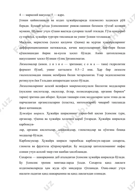 да коллоид шакл-да оқсил моддаси тўпланади (ғалла донлари, лолагулдош-лар, итузумдошлар, соябондошлар). бундай вакуола оқсил-ли вакуола деб аталади. вакуоладаги оқсиллар ғадир-бу-дур эндоплазматик ретикулумнинг рибосомаларида синтезланади. органик кислоталардан ҳужайра ширасида лимон, олма, янтар, шавел кислоталар бўлади. бу кислоталар кўпинча пишмаган меваларда учрайди. шунинг учун ҳам хом ме-валарнинг таъми нордон бўлади. органик кислоталар ми-нерал туз ионлари билан ҳужайрада осмос ҳолатини сақ-лашда иштирок этади. ҳужайра шираси таркибида ошловчи моддалардан та-нин тўпланади. бу модда ҳужайра шираси таркибида баъ- зан жуда ҳам кўп миқцорда тўпланади ва саноатда терини ошлашда ишлатилади. танин таъсирида тери таркибидагй оқсиллар эримайдиган ҳолатга келади ва тери юмшаб, сув текканда шишмайдиган бўлади. ўзбекистонда ошловчи ўсимликлардан таран, сабзавот ўсимлиги сифатида нор-дон отқулоқ ёки шовул каби ўсимликлар ўсади. кейинги йилларда энг яхши дубил модца берувчи ўсимлик сифати-да таран экилмоқда. алкалоидлар (арабча — алкали — ишқор; юнон. эй-дос — ўхшаш қиёфа) — ўсимлик ҳужайра ширасида учрай-диган ишқор таъми аччиқ, рангсиз, баъзан тўқсариқ (зар-ғалдоқ) бўлади. алкалоидлар юксак …