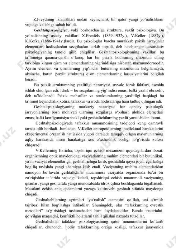 gan: 1-jadval psixoseksual bosqichlar № bosqichlar yosh davrlari libido yo‘naltiriladigan zona 1 oral 0-1,5 og‘iz 2 anal 1,5-3 anus 3 fallik 3-6 jinsiy a’zolar 4 latent 6-12 mavjud emas 5 genital 12-18 jinsiy a’zolar z.freyd o‘z nazariyasida shaxsning himoya mexanizmlarini ajratishga ham erishdi. ko‘pincha nizoli zonalar psixika strukturasini u, salbiy emotsiya va kechinmalarda kuzatiluvchi (ta’sirlanish, bezovtalanish va umidsizlik) frustratsiyaga olib keldi. frustratsiya menni har xil “chiqarish klapan”lari yordamida zo‘riqishlarni olib tashlashga undaydi. bular psixologik himoya mexanizmlari deyiladi: · repressiya: tashvish sabab narsa mavjudligiga behush inkor o‘z ichiga oladi; · rad etish, ya’ni noma’qul ma’lumotni ochiq rad etish, qo‘shilmaslik; · reaksiya: biri qarama-qarshi bo‘lgan id turtki ifoda o‘z ichiga oladi, albatta odamni haydash; · proeksiya – o‘zidagi hissiyot va kechinmalarni tashqi ob’ektlarga ko‘chirish orqali paydo bo‘lgan holatning sabablarini tashqaridan qidirishga moyillik; · identifikatsiya – o‘zini axborot egasiga o‘xshatish, uning o‘rniga o‘zini qo‘yish orqali qadriyatlarni rad etish yoki tanqidsiz o‘zlashtirish; · regressiya …