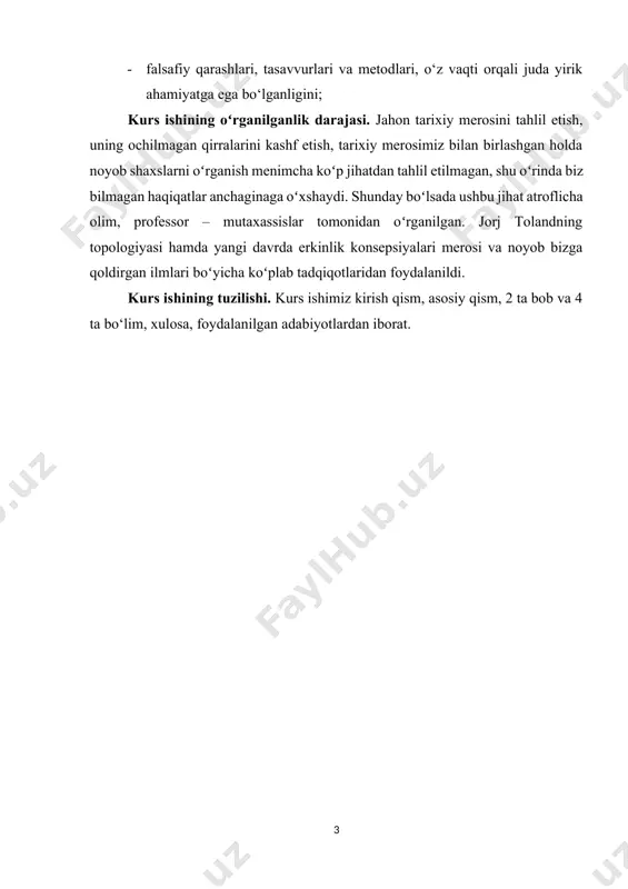 iz nasroniylik” (1696) nomli kitobi orqali mashhur bo‘ldi. natijada, uning o‘sha davr uchun shov-shuvli kitobi 1697 yilda ommaviy yoqib yuborishga hukm qilindi. faylasufning o‘zi qamoq tahdididan qochishga majbur bo‘ldi. u ko‘p sayohat qildi. 1701-1702 yillarda toland germaniyaga tashrif buyurdi. u dastlab gannoverga tashrif buyurdi, keyin esa falsafaga qiziqqan prussiya qirolichasi sofiya sharlottaning taklifiga binoan bir muddat berlinda yashadi. qirolicha bilan suhbatlar va keyinchalik u bilan yozishmalar tolandning eng ajoyib asari “serenaga maktublar” (1704) ni yozish uchun asos bo‘ldi. 1707-1710 yillarda toland yana yevropa bo‘ylab sayohat qildi. u germaniya, vena, praga, gollandiyaga tashrif buyuradi. angliyaga qaytib, toland ipsom shaharchasiga joylashdi, u erda 1718 yilgacha yashab, adabiy faoliyat bilan shug‘ullanadi. bu yillarda uning “adeisidemon” (1708), “yahudiylarning fuqarolikka qabul qilinishi haqida mulohazalar” (1714), “nazariy” (1718) asarlari nashr etilgan. qiyin moliyaviy ahvolga tushib qolgan toland uyini sotadi va putni shahridagi qishloq duradgorining oilasiga joylashadi. toland o‘zining so‘nggi asarlari “tetradim”, “klidofor” va “pantheistikon”ni 1720 yilda …