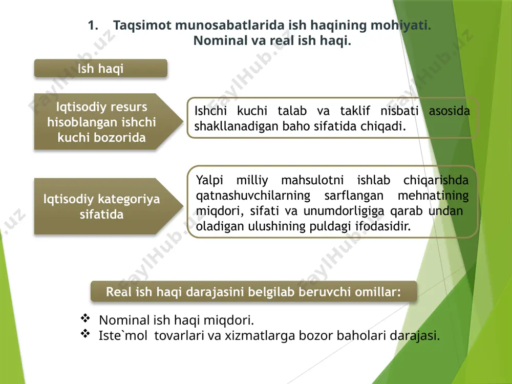 ovchilar tarif stavkasiga qo`shimcha koeffisientlar belgilanadi. unda birinchi va undan keyingi razryadli xodimlar mehnatiga haq to`lashning o`zaro nisbatini aks ettiruvchi tarif koeffisientlari ko`rsatiladi. ish haqiga turli koeffisientlar 3. ish kuchi bozorining alohida modellarida ish haqi darajasining aniqlanishi. inson kapitaliga investitsiyalar. mehnatning alohida turlariga talab va ish haqi darajasini belgilovchi omillar: aniq mehnat turining unumdorligi; birgalikda foydalaniladigan resurslarning bahosi va unumdorligi. aniq mehnat turi ishlab chiqargan mahsulotlarning bozor baholari; mehnatning alohida turlariga ish haqi darajasida farq bo`lishini keltirib chiqaruvchi omillar: mehnatning aniq turi taklifining cheklanganligi; bajariladigan ishlarning jozibadorligi; ishlovchilarning malakasi, kasbiy tayyorgarligi va mahorati. ishchi kuchi umumiy taklifini belgilab beruvchi omillar: mamlakat aholisining soni; aholining umumiy sonida mehnatga yaroqli bo`lganlar salmog`i; aholining jinsiy va yosh tarkibi. mehnatning sof raqobatli bozorida ish haqi darajasining aniqlanishi: ish haqi darajasi alohida mehnat turiga yalpi talab va uning yalpi taklifi ta`sirida shakllanadi; alohida ishga yo`llanuvchilar va ishga yo`llovchilar ish haqi darajasiga ta`sir ko`rsata olmaydi; mehnatga …