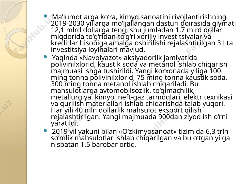 ar asosida olinadigan aralash va murakkab o'g'itlarni shuningdek, suyuq azotli o'g'itlar sifatida suyuq ammiak, aminlar, tuzlarning suvdagi eritmalari, karbamid, ammoniy fosfatlarini ishlab chiqaradi. azot elementi o’simlik va hayvonot olamining asosi bo’lgan oqsil va hayot uchun zarur xlorofill moddalari tarkibiga kiradi. azotning tuproqdagi tabiiy birikmalarini o’simlikning azotga bo’lgan ehtiyojini to’la ta’minlay olmaydi. shu sababli, tuproqni azotli o’g’itlar bilan muntazam ravishda o’g’itlab turish kerak. azotli o’g’itlardan natriy nitrit nano3, kaliy nitrat kno3, kalsiy nitrat ca(no3)2, ammoniy nitrat nh4no3, ammoniy sulfat (nh4)2so4 va mochevina co(nh2)2 azotning o’zimliklar o’zlashtira oladigan va suvda yaxshi eriydigan birikmalardir. bular qattiq o’g’itlardir. azotli suyuq o’g’itlarda azot ko’p bo’ladi. masalan, suyuq ammiakda 82% azot bor, ammiaklarda (ammoniy tuzlarining ammoniy nitrat, kalsiy nitrat va boshqalarning ammiakdagi eritmalarida 35-45% azot bo’ladi e’tiboringiz uchun rahmat image2.png image3.png /docprops/thumbnail.jpeg