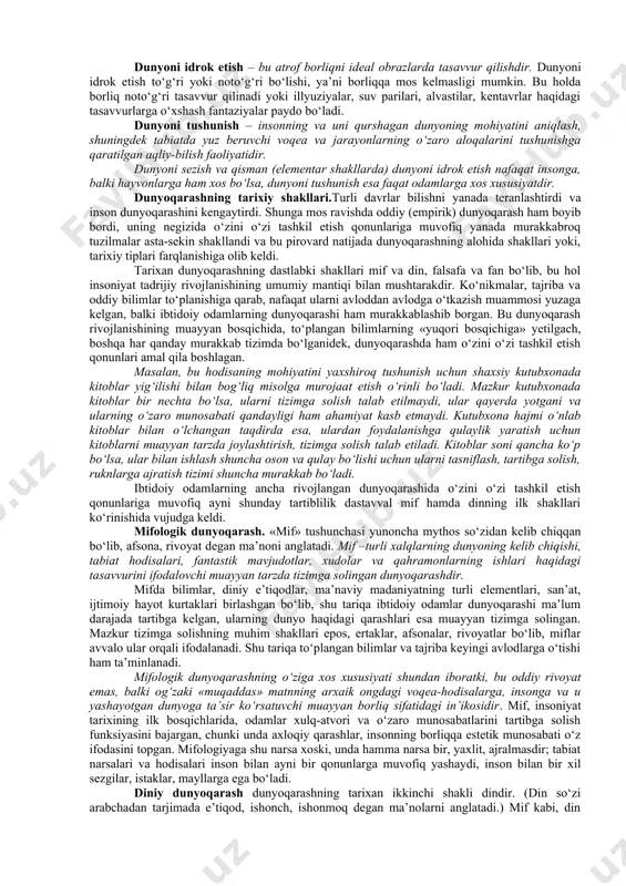 ash qobiliyatini kasb etadi, balki tayyor bilimdan yangi bilim olish uchun foydalana boshlaydi. insonning bunday faoliyatini, uning ijodiy faolligini tavsiflovchi aql odamzot va jamiyat evolyusiyasini jadallashtirishning qudratli omiliga aylanadi hamda pirovardda insonni hayvondan ajratish imkonini beruvchi asosiy belgi sifatida amal qiladi. dunyoqarashda ijtimoiy muhitning roli. aql paydo bo‘lishi bilan inson o‘zini fikrlovchi mavjudot sifatida anglay boshlaydi, unda o‘z «meni» va o‘zgalar haqida tasavvuri shakllanadi va rivojlanadi. shu tariqa u o‘zini va o‘zini qurshagan borliqni anglaydi, o‘zi va boshqa odamlarni, o‘zi va tashqi muhitni farqlaydi, ilgari o‘ziga ma’lum bo‘lmagan dunyoning yangi va yangi jihatlarini idrok etadi. bunday qarashlar insonning o‘zi va o‘zini qurshagan borliq haqidagi tasavvurlari majmui sifatida shakllanadigan dunyoqarash negizini tashkil etadi. bunda inson o‘ziga ma’qul va noma’qul narsalarni farqlaydi, baholar beradi, ustuvorliklar tizimini yaratadi va muayyan maqsadlarga erishishda tegishli tarzda ish ko‘radi. demak, dunyoqarashda bilish, qadriyatlarga munosabat va xulq-atvorni belgilash funksiyalari mujassamlashadi. dunyoqarashning bilish funksiyasi insonda qiziqish uyg‘otuvchi barcha …