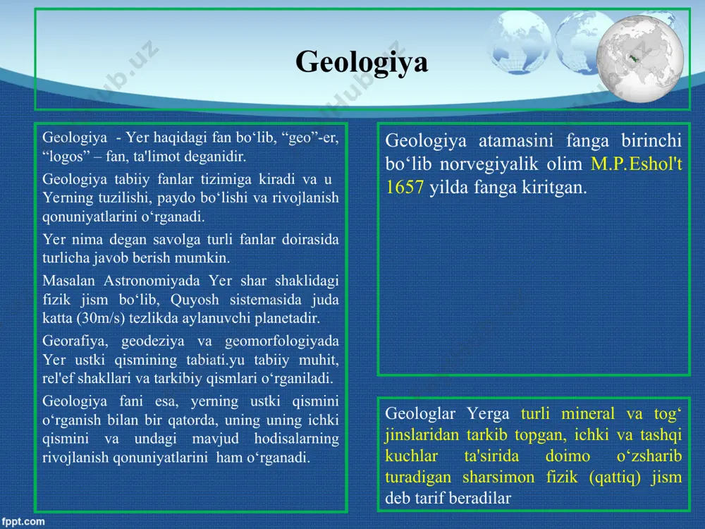 a muhandislik nuqtai-nazaridan yondashish yo‘llarini o‘rganadi. - kriogeologiya – muzliklarning ishi, muz yotqiziqlari bilan bog‘liq holda shakllangan poleontologik topilmalar ayrim qazilma boyliklarni qidirib topishda muzlik olib kelgan mahsulotlardan foydalanish yo‘llarini o‘rganadi. - nodir geologik yodgorliklar – geologiya tarkibidan ajralib chiqqan eng yosh yo‘nalishlardan biri. uning zanjirida nodir tarzda uchrovchi geologik hosilalarni o‘rganish yotadi. ushbu yo‘nalishlar garchand mustaqil tarzdagi fan darajasiga yetgan bo‘lsada bir birlari bilan uzviy bog‘liq rivojlanadi va geologiya yaxlit tarzda ularning barchasini biriktirib turadi. savol va topshiriqlar: fanning dolzarbligi haqida sizning fikringiz. fanning maqsadi nimalardan iborat. fanning vazifalari qanday masalalarning yechimiga qaratilgan ushbu fan boʽyicha talabalarning bilim va koʽnikmalariga qoʽyiladigan talablar nimalardan iborat. prezentacii.com e'tiboringiz uchun raxmat