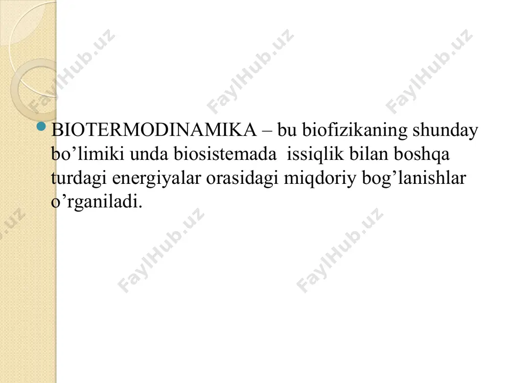 in emas deb ta’riflasa ham bo’ladi. eptropiya shunday kattalikki, u absolyut temperatura birligiga to’g’ri keladigan sistemaning bog’langan energiyasidir. termodinamika ikkinchi asosining boshqacha talqini: yopiq sistemalarda - energiyaning aylanishi hamma real jarayonlaridagi kabi sistemaning umumiy entropiyasi oshishi bilan kuzatiladi, ya’ni ds>o. real jarayonlarda issiqlik doimo issiqroq jismdan sovuqroq jismga o’tadi. bog’langan energiya -bu sistema ichki energiyasining ishga aylantirib bolmaydigan qismidir. erkin energiya-bu sistema ichki energiyasining ishga aylantirish mumkin bo’ladigan qismidir. sistemaning bog’langan energiyasi qancha kichik bo’lsa, uning entropiyasi shuncha kichik bo’lib, sistema ichki energiyasining ko’p qismini ishga aylantirishga imkon beradi. demak sistema entropiyasining ish bajara olish qobilyati shuncha ko’p bo’ladi bolsman formulasi: s=k.lnw bundagi k-bolisman doimiysi,w-termodinamik ehtimollik. bundan ikkinchi qonunni shunday ta’riflasa bo’ladi: agar sistema berilgan entropiya biror holatga to’g’ri kelsa uni boshqa holatga o’tish extimolligi katta bo’ladi bunda entropiyasi ham katta boladi. yani entropiyaning eng katta extimoliylik o’zgarishi uning o’sishidir. tirik organizm uchun termodinamikaning ikkinchi qonunining ta’rifi: ochiq sistemalar uchun …
