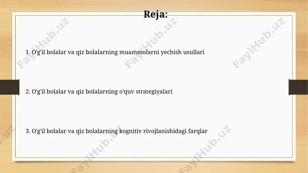 rlarni boshdan kechiradilar, masalan, munosabatlarni saqlash, hamdardlik va boshqalarning fikrlarini hisobga olish, bu muhim qarorlarni qabul qilishda yordam beradi. fazo va matematik fikrlashdagi farqlar matematik masalalarni yechishda, o'g'il bolalar algebraik usullarni (10-15 yoshda) tezroq o'zlashtirishi mumkin, qizlar esa geometrik yechimlarda ustunroq bo'lishi ehtimoli yuqori. o'g'il bolalar fazoviy topshiriqlarni yechishda 3d rotatsiya kabi usullardan ko'proq foydalansa, qizlar 2d xaritalarni va vizual xotirani ishlatishi kuzatilgan. muammolarni yechish uslublaridagi farqlar empirik tadqiqotlar shuni ko'rsatadiki, o'g'il bolalar muammolarni yechishda o'rtacha 5-10% ko'proq tavakkal qilishga tayyor, qizlar esa ehtiyotkorlik bilan yondashadi. o'g'il bolalar muammolarni yechishda ko'proq 3d vizualizatsiya qobiliyatiga tayanadi, bu esa ularga mexanik masalalarda 15-20% ustunlik beradi. o'g'il bolalar va qizlarning kognitiv rivojlanishi o'g'il bolalar ko'pincha fazoviy qobiliyatlarda, masalan, 3d shakllarni tasavvur qilishda qizlarga nisbatan biroz yuqori natijalarni ko'rsatadi, ayniqsa 7-10 yosh oralig'ida bu farq sezilarli bo'lishi mumkin. qizlar odatda verbal qobiliyatlarda, shu jumladan tilni tushunish va ifodalashda o'g'il bolalardan ustun turadilar, bu xususiyat …