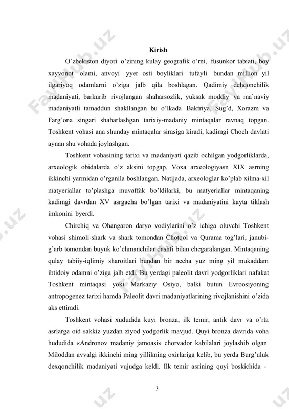 iy birinchi ming yillik o’rtalarida voha o`rta osiyoning boshqa mintaqalari kabi dastlab eftalitlar davlati tarkibiga, keyinrok turk xokonligi tarkibiga kiradi. uning hududida ikkita mustakil o’lka yuzaga keladi: markazi toshkent bo’lgan choch hamda markazi tunkat bo’lgan (ohangaron daryo havzasi) ilok. bu davrda shaharlar maydoni kichrayadi, lekin boy dexqon qo’rg’onlari soni keskin ortadi, vaqt o’tishi bilan bular negizida yangi shaharlar vujudga keladi. mintaqa iqtisodiyotida oltin, kumush va mis qazish, metallsozlik va mstall ishlash katta ahamiyat kasb eta boshlaydi. bu yerda tanga zarb etish yo’lga ko’yiladi. o’rta osiyoning arablar tomonidan fath etilishi davrida mintaqa hayoti tanazzulga uchraydi. lekin o’z iktisodiy imkoniyatlari tufayli shahar va qishloqlar tez orada o’z xo’jalik hayotini izga soladi va somoniylar (ix-x asrlar), qoraxoniylar (xi-xii asrlar) va xorazmshoxlar (xiii asr boshlari) davlatlari tarkibida alohida rol o’ynay boshlaydi. arab-fors mualliflari (ix-x asrlar) bu davrda toshkent vohasida kariyb 40 ta yashnayotgan shaharlar bo’lganini qayd etadilar. bu yerda kulolchilik ishlab chiqarishi, shishasozlik, to’kimachilik, …