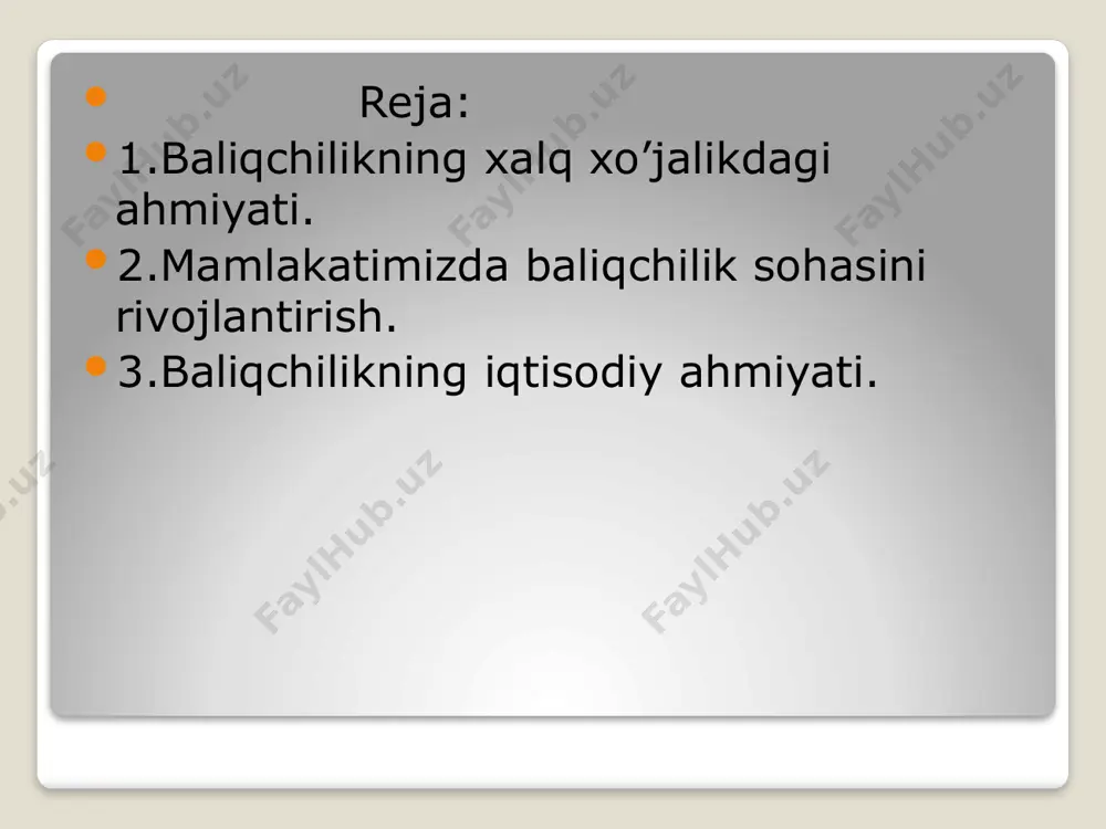 baliqchilikka va akvakultura bilan bogʻliqdir. haddan tashqari baliq ovlash baliqlarni, shu jumladan, baliqlarning barqaror darajalari kamaymoqda.baliq zaxiralari va dunyoning ko’plab mintaqalarida ish bilan ta’minlash tashkilotlari tomonidan hisobot qilinib, shahzoda charlzxalqaro barqarorlik bo'limi, nyu-yorkda joylashgan atrof-muhitni muhofaza qilish jamg'armasi va 2014 yil iyul oyida nashr etilgan global baliqchilik yiliga dunyoga 270 milliard aqsh dollari qo'shmoqda. yaim, ammo barqaror baliq ovlashni to'liq amalga oshirish orqali bu ko'rsatkich 50 milliard aqsh dollarigacha ko'tarilishi mumkin.tijorat va tabiiy baliq ovidan tashqari, rekreatsion (sport) baliq ovlash ko'plab mintaqalarda mashhur va iqtisodiy ahamiyatga ega. prezidentimizning 2020 yil 29 avgustdagi ”baliqchilik tarmog‘ini qo‘llab-quvvatlash va uning samaradorligini oshirish chora-tadbirlari to‘g‘risida”gi qarori baliq mahsulotini sanoat usulida yetishtirish, qayta ishlashda tarmoq korxonalari katta imkoniyat yaratdi. qarorga asosan baliq yetishtiruvchi sub’yektlar tomonidan suv iste’moli uchun to‘lanadigan soliq turlarida imtiyozlar berilmoqda. hozirda samarqand viloyatida 458 ta baliqchilik xo‘jaligi mavjud va ularga 8 ming 972 gektar suvli maydon ajratilgan. shundan, 7 ming 479 gektari …