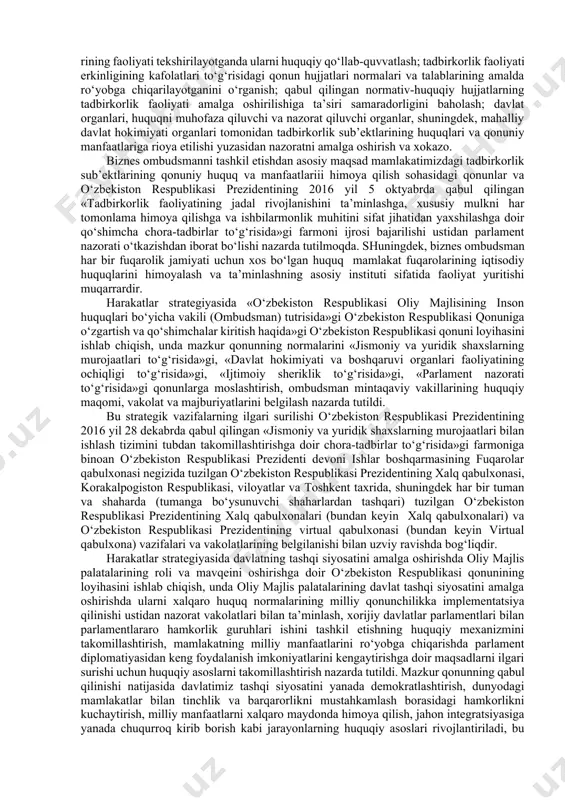 a oshirilishi; parlament tekshiruvi. parlamentga berilgan nazorat huquqlarining salmog‘idan ko‘rinib turibdiki, mamlakatda bir vaqtning o‘zida ham oliy vakillik, ham qonunlar yaratish, ham parlament nazoratini olib borishga qodir bo‘lgan, huquqiy davlat sifatlariga mos qonun chiqaruvchi hokimiyat shakllandi. parlament nafaqat qonunlar va davlat byudjeti ijrosi yuzasidan hukumat va uning organlari faoliyatini bemalol nazorat qila oladigan, balki jamiyatning konstitutsiyaviy huquqiy asoslar va qonunlarga rioya etgan xolda yashashini ta’minlaydigan oliy qonun chiqaruvchi hokimiyat idorasiga aylandi. o‘zbekiston respublikasi prezidentining 2017-2021 yillarga mo‘ljallangan «o‘zbekiston respublikasini yanada rivojlantirish bo‘yicha harakatlar strategiyasi to‘g‘risida»gi farmonining qabul qilinishi mamlakatimizda fuqarolik jamiyatini rivojlantirishning yangi bosqichi boshlanganini anglatadi. ushbu hujjatda 2017-2021 yillarda o‘zbekiston respublikasini rivojlantirishning beshta ustuvor yo‘nalishi bo‘yicha harakatlar strategiyasi (keyingi o‘rinlarda harakatlar strategiyasi) mujassamlashgan bo‘lib, ularning birinchisi davlat va jamiyat qurilishi tizimini takomillashtirishning ustuvor yo‘nalishlarini o‘zida ifodalaydi. bu yo‘nalishning dastlabki vazifasi sifatida o‘zbekiston respublikasi prezidentining «o‘zbekiston respublikasini yanada rivojlantirish bo‘yicha harakatlar strategiyasi to‘g‘risida»gi farmonida «davlat hokimiyati tizimida oliy majlisning rolini …