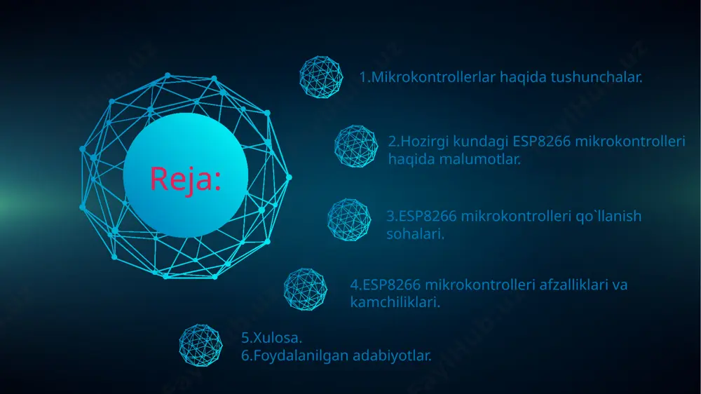 (i/o): mikrokontrollerlar turli xil sensorlar, aktuatorlar va boshqa qurilmalar bilan o'zaro aloqada bo'lish uchun kirish-chiqish pinlariga ega. bu pinlar raqamli (digital) va analog signalni qabul qilish va yuborish imkonini beradi. tashqi interfeyslar: mikrokontrollerlar ko'pincha uart, spi, i2c kabi interfeyslarni qo'llab-quvvatlaydi, bu esa boshqa qurilmalar bilan aloqa o'rnatishga yordam beradi. mikrokontrollerlar mikrokontrollerlar bu yerda professional elektron platada turli xil mikrokontroller dizaynlarining yana bir batafsil tasviri. esp8266 mikrokontrolleri esp8266 - bu wi-fi moduli va mikrokontroller bo'lib, asosan iot (internet of things) loyihalarida keng qo'llaniladi. u o'zining kichik o'lchamlari, qulay interfeysi va arzon narxi bilan mashhurdir. asosiy xususiyatlari - wi-fi ulanishi: esp8266 802.11 b/g/n standartlariga mos keladi va ap (access point) va sta (station) rejimlarida ishlay oladi. esp8266 mikrokontrolleri tuzilishi: esp8266 chipi, asosan, wi-fi moduli va mikrokontrollerni o'z ichiga oladi. u 32-bitli risc arxitekturasi asosida ishlab chiqilgan. ishlash tezligi: chipning maksimal ishlash tezligi 80 mhz dan 160 mhz gacha bo'lishi mumkin. xotira: esp8266 …