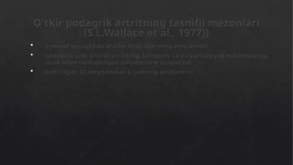 siga 0,2 - 0,6 g) yoki etamid umumii muolajalar (tinchlik, oyoqlarni yuqori ko'tarish, ko'p miqdorda suyuqlik ichish) medikamentoz davo kolhisin yaqnv gks dori vositalarni mahallii qo'llash (dimeksidni analgin, novokain, indometasin bilan qo'llash) image6.png image7.png image8.png image9.png image10.png image11.png /docprops/thumbnail.jpeg