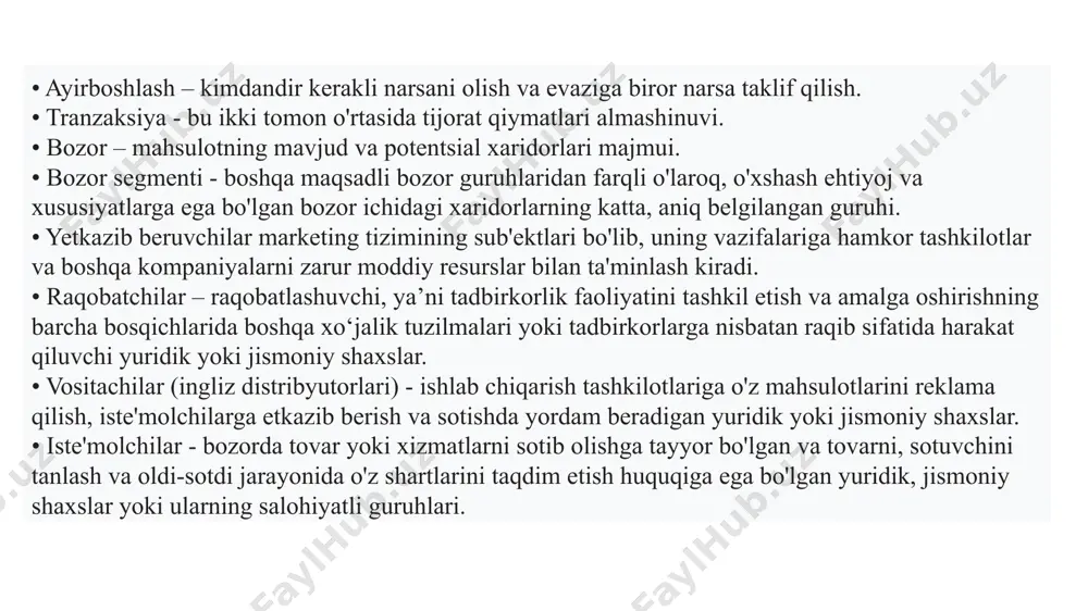 an qiymatni taqdim etishning yangi usullarini izlashi kerak. • muloqot: auditoriyangiz bilan samarali muloqot sizning marketing harakatlaringiz muvaffaqiyatining kalitidir. set godin (2018 yilda amerika marketing assotsiatsiyasi shon-shuhrat zaliga kiritilgan) ushbu asosiy marketing muammolarini tavsiflaydi: marketingda 4 ta murakkab funktsiyalar bloklari mavjud: boshqaruv va nazorat funksiyasi sotish funktsiyasi ishlab chiqarish funktsiyasi analitik funksiya marketing usullari • tahlil; • so'rovlar; • kuzatishlar; • rejalashtirish va prognozlar; • narx siyosatini ishlab chiqish; • axborot usullari; • pr va reklama usullari; • maslahatlar; • sodiqlik dasturlari; • tashviqot 4p nazariyasi marketing aralashmasi - bu iste'molchi talabiga ta'sir qiluvchi marketing vositalari, shuningdek, ushbu vositalardan birgalikda va muvofiqlashtirilgan foydalanish.marketing nazariyasi va amaliyoti marketing aralashmasiga asoslanadi. klassik ko'rinishda marketing aralashmasi turli xil marketing siyosatlarini tashkil etuvchi to'rtta elementdan iborat: mahsulot, narx, sotish va reklama siyosati. shu bilan birga, marketing aralashmasi marketing rejasini ishlab chiqish va biznesning marketing faoliyatini tahlil qilish uchun minimal algoritmdir. bir versiyaga ko'ra, "marketing …
