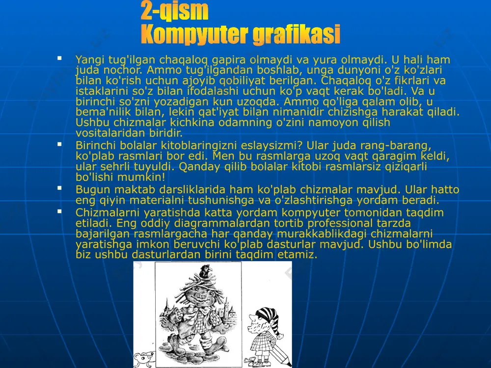 bo'lsa, u tushuntirishni talab qiladi. shuning uchun, ba'zida rasm matn bilan birga keladi. maxsus chizmalar-chizmalar qo'llaniladigan kasblar mavjud. masalan. arxitektor yangi uy uchun loyihani yaratib, binoning alohida qismlarining chizmalarini yaratadi. dizayn bilan tanish bo'lmagan odam uchun bu tushunarsiz bo'ladi. ushbu chizmalarda nima ko'rsatilgan. chizish va chizish asboblari bilan tuzilgan barcha turdagi tasvirlar grafik deb ataladi. kompyuterda yaratilgan tasvirlar kompyuter grafikasi deb ataladi. so‘nggi paytlarda bu iborani ko‘proq eshityapmiz. bu qiziqarli kompyuter o'yinlari, reklama roliklari, musiqiy videolar va animatsion filmlar bilan bog'liq. kompyuter rassomlar, dekorativlar va dizaynerlar uchun universal vositaga aylandi. nima uchun kompyuter chizmalari juda qulay? grafik muharrirda ishlaganda qalam hech qachon sinmaydi, o‘chirgich eskirmaydi, bo‘yoq esa tugamaydi. shu bilan birga, barmoqlar, burun va kiyimlar toza bo'lib qoladi. bundan tashqari, grafik muharrir hatto juda malakali bo'lmagan "rassom" ga maxsus vositalar yordamida chiroyli chizmalar yaratishga imkon beradi. chizma tayyor bo'lgach, uni saqlashingiz, printerda chop etishingiz va do'stlaringizga berishingiz mumkin. 2.2 kompyuter …