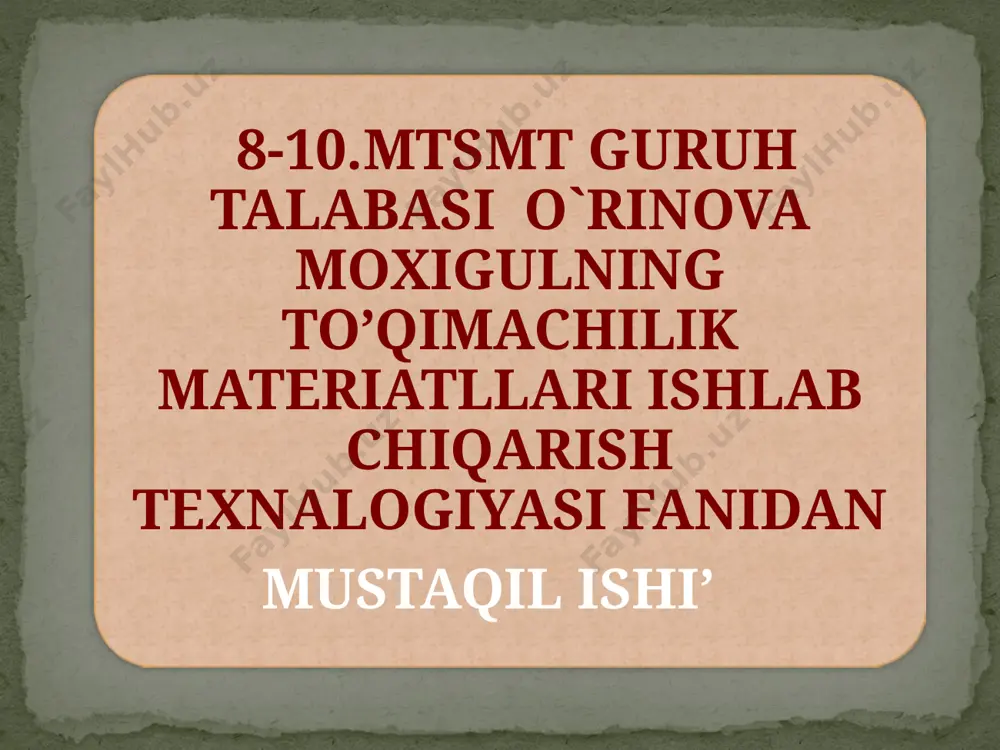 o`zilishini ko`payishiga olib keladi. cho`zilish miqdorini rostlab turish uchun oxorlash mashinasi tenglashtiruvchi mexanizm o`rnatilgan. 10 e’tiboringiz uchun raxmat. image3.gif image8.jpeg
