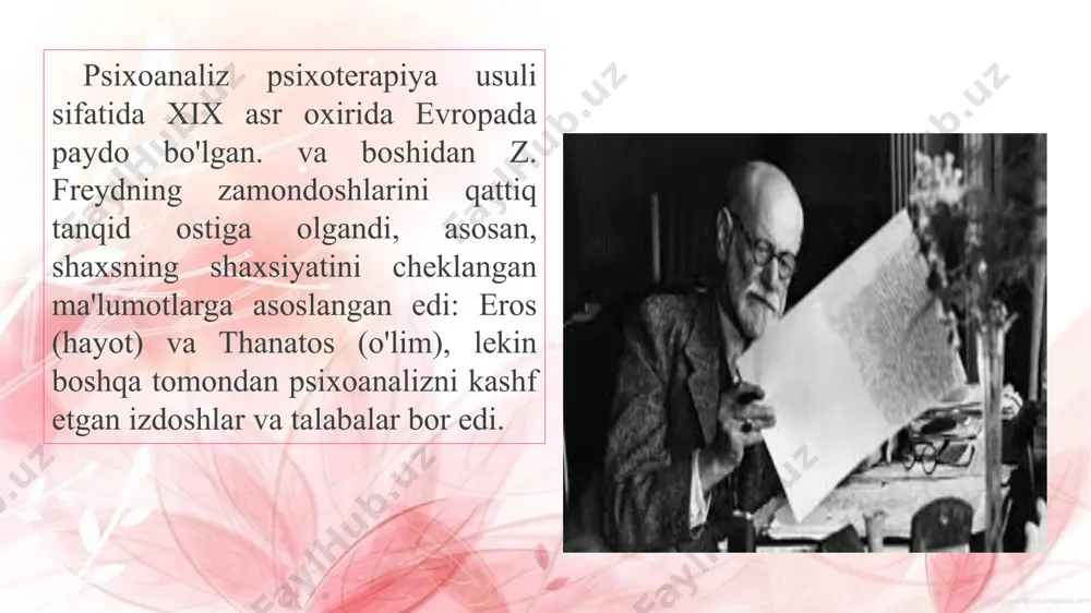 holatga, insoniy xulq-atvoriga ta'sir ko'rsatganligini qayd etdi. freyg 1932 yilda psixikaning sxematik tuzilmasini ishlab chiqdi, unda quyidagi komponentlar tuzildi: id (it) - hayot va o'limga hushyor turgan joy. ego (i) - ongli fikrlash, himoya mexanizmlarini ishlab chiqish). superego (super-self) - bu o'z-o'zidan tahlil qilish, axloqiy tsenzorlar (ota-onalarning qiymat tizimini kiritish). dastlabki bosqichda freyudning psixoanaliz usullari behush mexanizmlarni ochish uchun gipnozni qo'llashdan iborat edi, keyinchalik psixiatr ularni tark etdi va boshqalarni zamonaviy psixoanalizda muvaffaqiyatli qo'lladi: bemorning erkin uyushmalari orqali xatti-harakatlarning izlanishlari; talqin qilish; "qarshilik" va "uzatish" tahlili; o'rganish. jungning psikanalizi juniy psixoanaliz yoki analitik psixologiya jung (psixoanalizga bo'lgan nuqtai nazaridan og'riqli uzilishlar bo'lgan z. freydning sevimli shogirdi) quyidagi printsiplarga asoslanadi: oddiy holatda bo'lgan ongsiz odam muvozanatda. muammolar muvozanatdan kelib chiqadi, bu behushlik ruhi tomonidan ko'chib kelgan salbiy hissiy yuklarni o'z ichiga olgan komplekslarning paydo bo'lishiga olib keladi. bireyselleştirme - bemorning o'ziga xosligi va individualligini e'tirof etish jarayoni (shifolashni qo'llab-quvvatlaydi), "o'zga yo'l" …