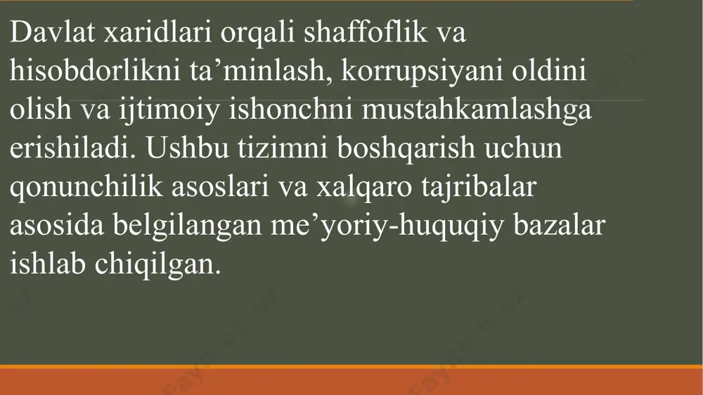 zo va xavfsiz onlayn shartnoma tizimlari xarid jarayonlarining xavfsizligini va tezligini oshiradi. mobil ilovalar va bulutli platformalar yordamida davlat xaridlari bilan bog‘liq barcha ma’lumotlarni bir joyda jamlash va ularni tezkor tahlil qilish mumkin. shuningdek, iot (internet of things) texnologiyalari orqali xarid qilinadigan tovarlar va xizmatlar holatini real vaqt rejimida kuzatish imkoniyatlari mavjud. xulosa: davlat xaridlari tizimi iqtisodiy barqarorlikni ta’minlash va davlat resurslarini samarali boshqarish uchun muhim vosita hisoblanadi. tizimni takomillashtirish uchun huquqiy asoslarni mustahkamlash, shaffoflikni oshirish va jamoatchilik nazoratini kuchaytirish zarur. zamonaviy texnologiyalar, jumladan, sun’iy intellekt, blokcheyn va elektron tizimlar, xarid jarayonlarini tezlashtirish, xatoliklarni kamaytirish va xarajatlarni kamaytirish imkonini beradi. korrupsiyani oldini olish va ishtirokchilarning teng sharoitlarda raqobatlashishini ta’minlash uchun raqamli platformalardan foydalanish, jazo choralari va monitoring tizimlarini kuchaytirish muhim ahamiyatga ega. bu kabi chora-tadbirlar davlat xaridlari tizimini yanada samarali va shaffof qilishga yordam beradi, bu esa iqtisodiy o‘sish va ijtimoiy barqarorlikni ta’minlashga xizmat qiladi. e’tiboringiz uchun rahmat!!! image2.png image3.png …
