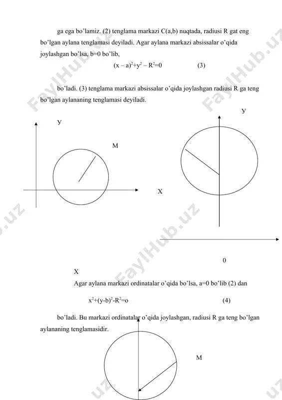 |cm| = agar |cm| =r deb olsak, r= yoki (x-a)2+(y-b)2-r2=0 (2) ga ega bo’lamiz. (2) tenglama markazi c(a,b) nuqtada, radiusi r gat eng bo’lgan aylana tenglamasi deyiladi. agar aylana markazi absissalar o’qida joylashgan bo’lsa, b=0 bo’lib, (x – a)2+y2 – r2=0 (3) bo’ladi. (3) tenglama markazi absissalar o’qida joylashgan radiusi r ga teng bo’lgan aylananing tenglamasi deyiladi. у у m m o x 0 x agar aylana markazi ordinatalar o’qida bo’lsa, a=0 bo’lib (2) dan x2+(y-b)2-r2=o (4) bo’ladi. bu markazi ordinatalar o’qida joylashgan, radiusi r ga teng bo’lgan aylananing tenglamasidir. у m x agar aylana markazi koordinatalar boshida bo’lsa, a=b=0 bo’lib, (2) dan x2 + y2 - r2 = 0 (5) kelib chiqadi. bu radiusi r,markazi koordinatalar boshida bo’lgan aylana tenglamasidan iborat (59-chizma). (2) tenglamada qavslarni ochib, uni x2 + y2 – 2 a x – 2 b y + a2 + b2 - r2 = 0 (6) shaklda yozib …