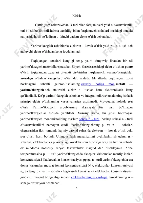 lushidan bir necha mikrometrgacha bo’lgan qiymatlarni tashkil etadi. demak, tor p-n o’tish hosil qilish uchun yarimo’tkazgichga yuqori konsentratsiyali kiritmalar kiritish, keng p-n o’tish hosil qilish uchun esa kiritmalar konsentratsiyasi kichik bo’lishi kerak. bu yerda, q - elektron zaryadi, - elektr doimiysi, - yarimo’tkazgichning nisbiy elektr doimiysi. qattiq jism o'tkazuvchanlik turi bilan farqlanuvchi yoki o’tkazuvchanlik turi bil xil boiib, solishtirma qarshiligi bilan farqlanuvchi sohalari orasidagi kontakt natijasida hosil bo’ladigan o’tkinchi qatlam elektr o’tish deb ataladi. yarimo'tkazgich asboblarda elektron - kovak o ‘tish yokip - n o’tish debataluvchi elektr o’tishdan keng foydalaniladi.taqiqlangan zonalari kengligi teng, ya’ni kimyoviy jihatdan birxil yarimo’tkazgich materiallar (masalan, si yoki gaas) asosidagielektr o’tishlar gomoo’tish, taqiqlangan zonalari qiymati bir-biridanfarqlanuvchi yarimo’tkazgichlar asosidagi o’tishlar esa getero o’tish debataladi. metallarda taqiqlangan zona bo’lmagani sababli geteroo’tishlaming xususiy holiga mos, metall — yarimo’tkazgich deb ataluvchi elektr о’tishlar ham elektronikada keng qo’lianiladi. ko’p yarimo’tkazgich asboblar va integral mikrosxemalaming ishlash prinsipi elektr o’tishlaming xususiyatlariga asoslanadi. muvozanat …